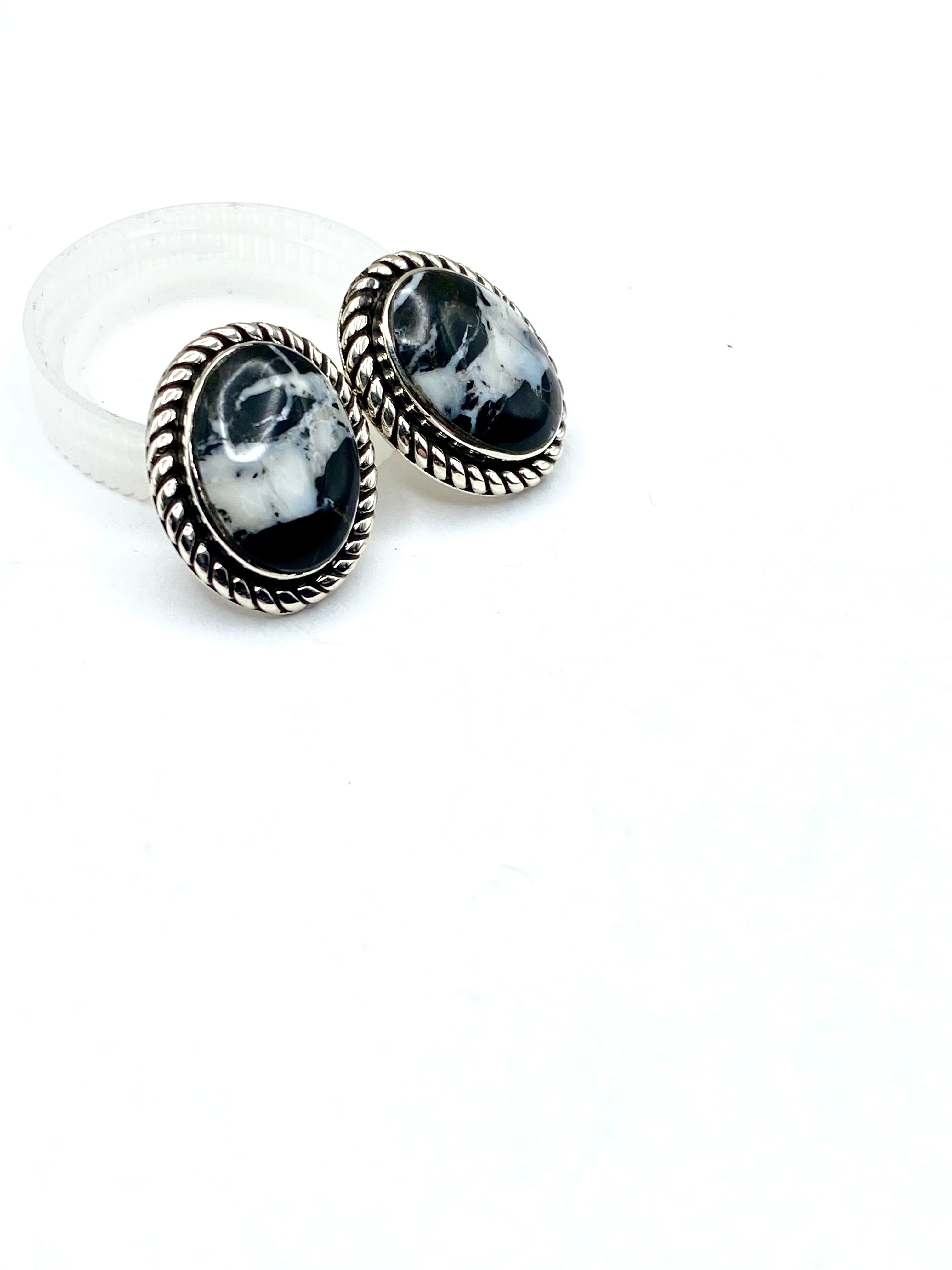 Sterling Silver White Buffalo Earrings  Oval Posts Native American Signed