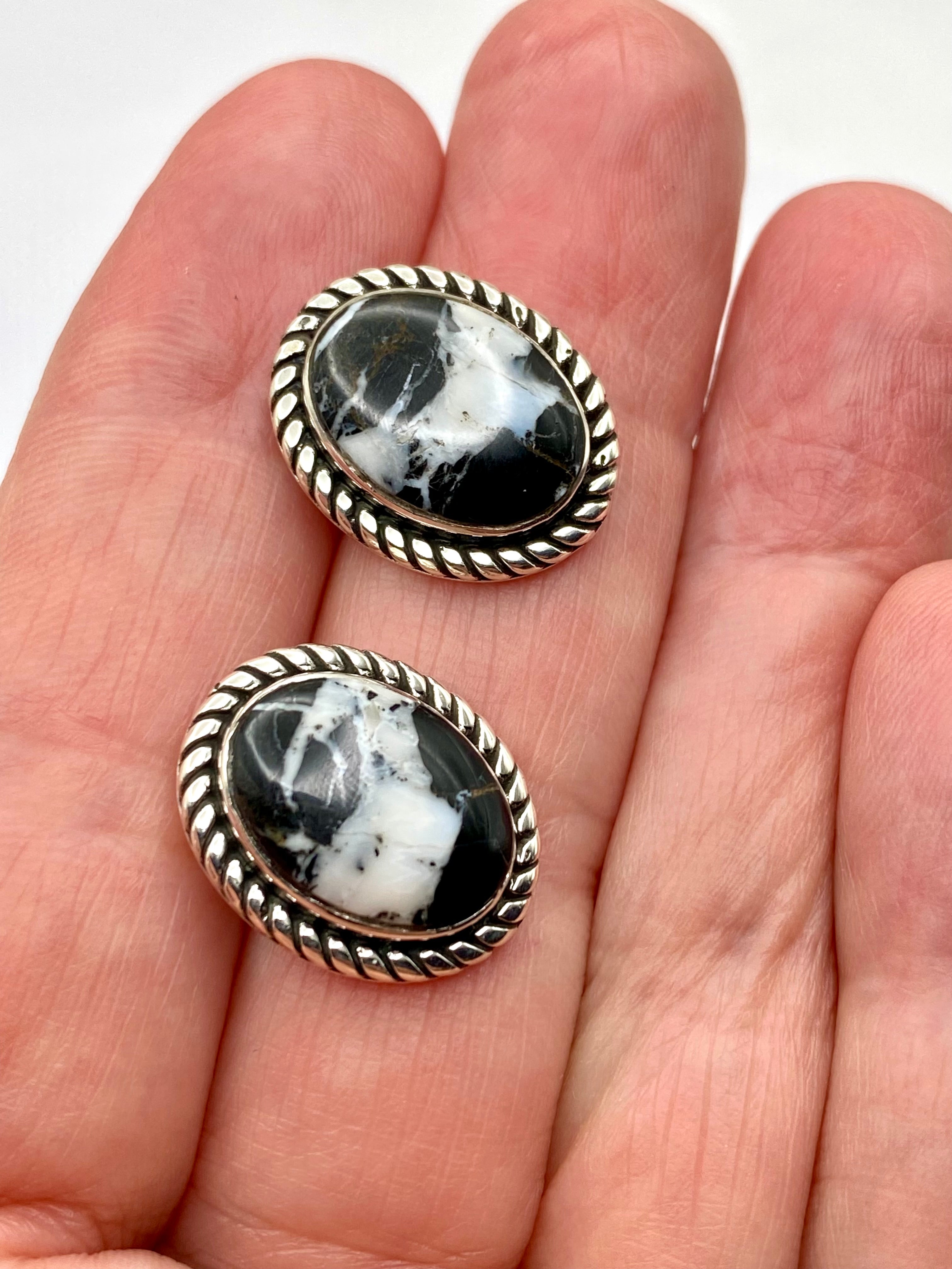 Sterling Silver White Buffalo Earrings  Oval Posts Native American Signed