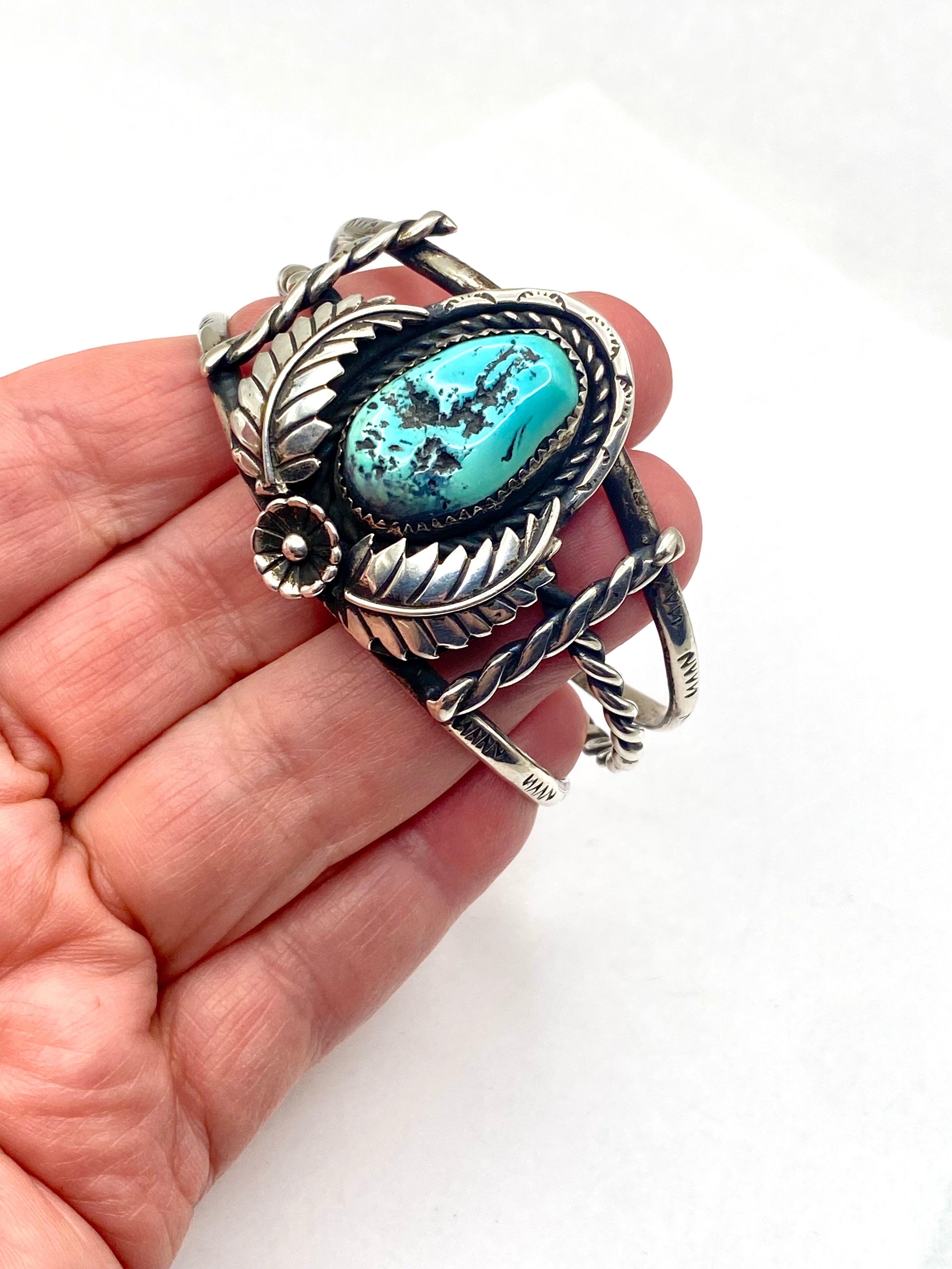 VTG Sterling Turquoise Bracelet 3-Rail Leaf Flower Applique Native American