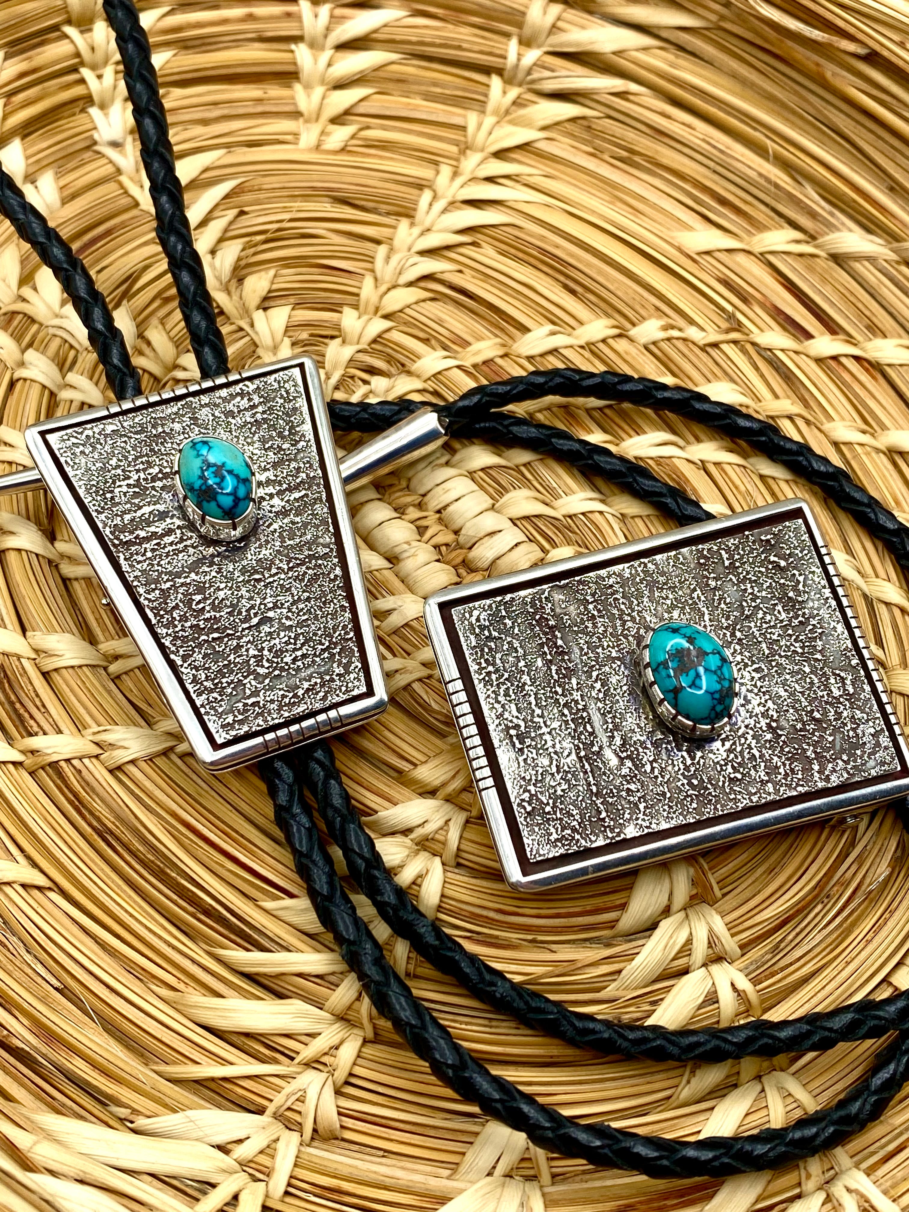Vernon Begaye Sterling Tufa Cast Bolo Tie and Buckle Set Turquoise Navajo