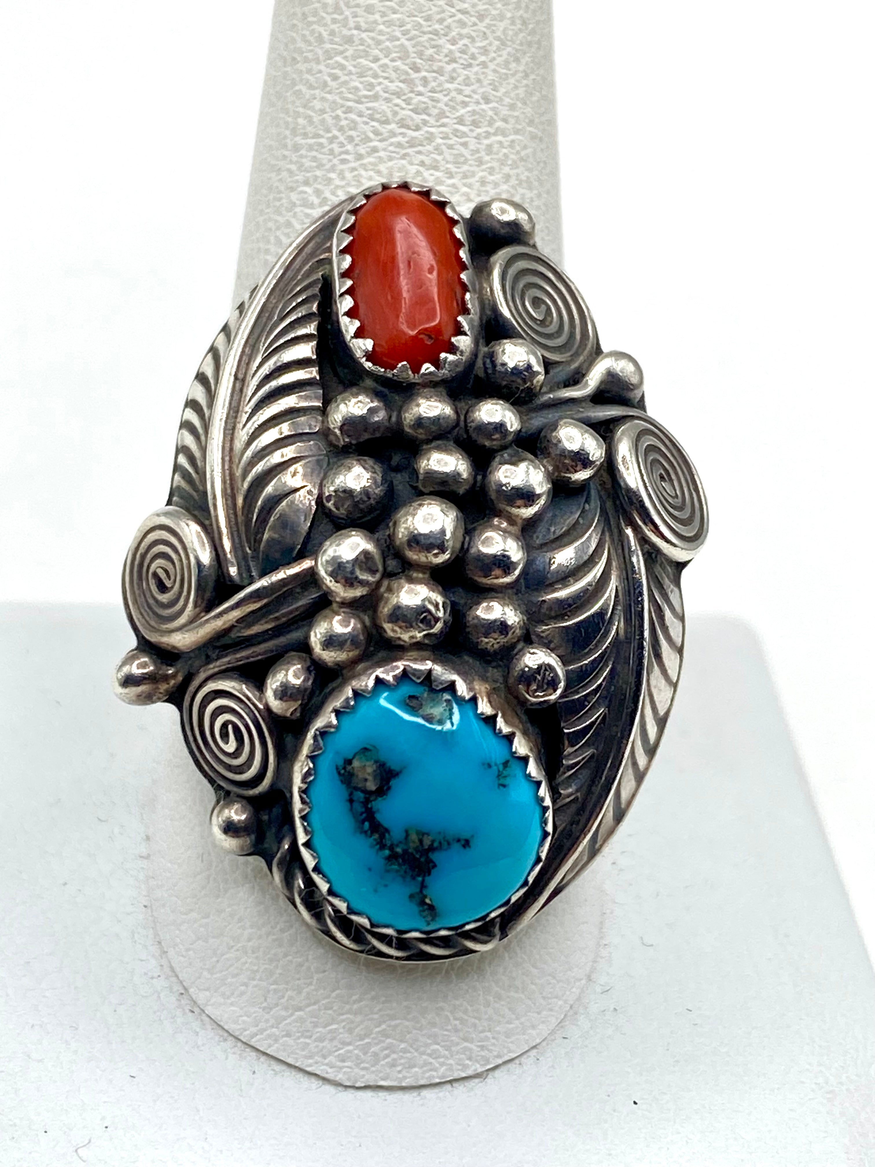 VTG Sterling Domed Hollow Ring Turquoise Coral Size 9.75 Native American Signed
