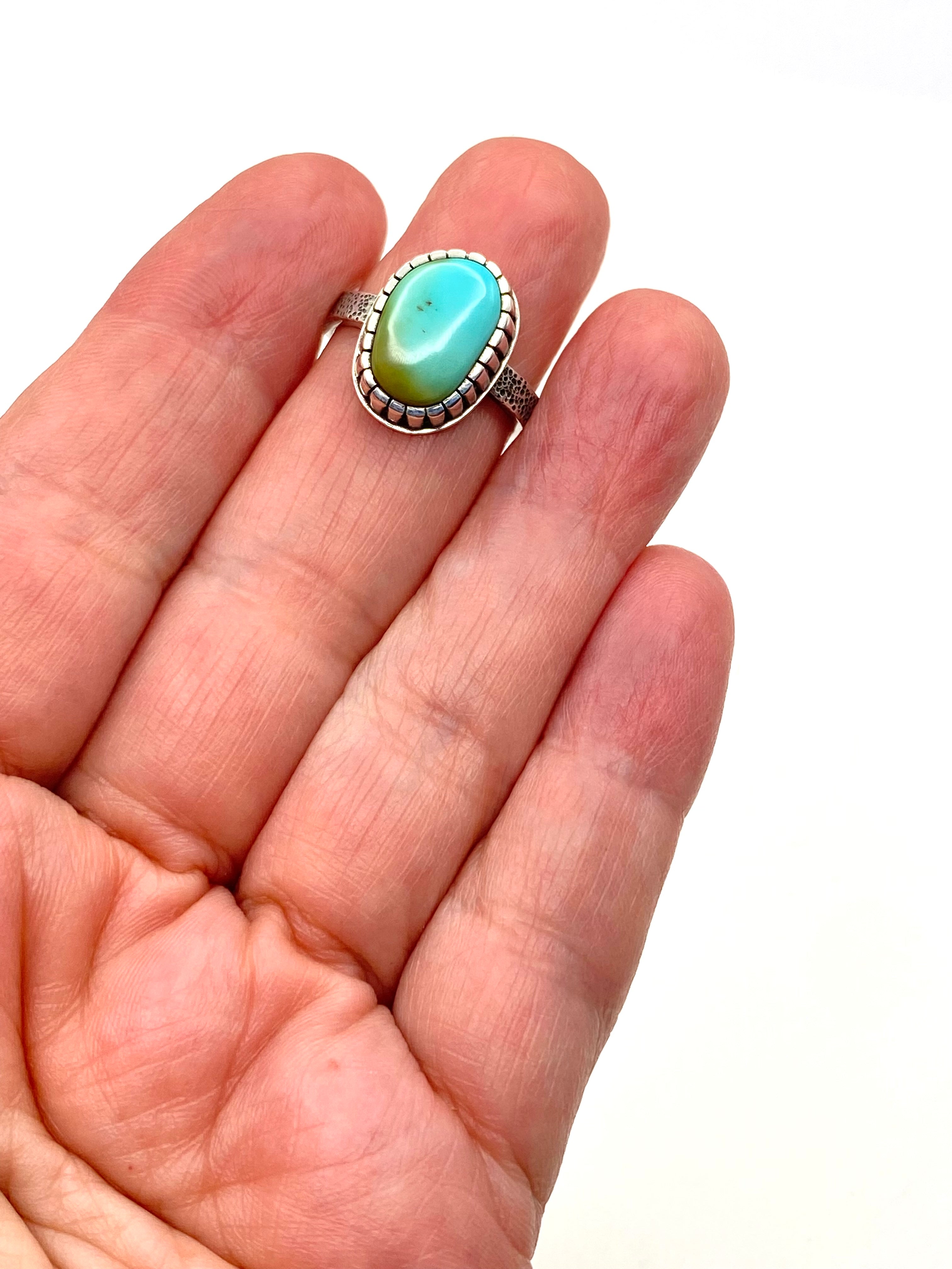 Sterling Tufa Cast Shank Ring Pilot Mountain Turquoise Size 8.5 C. Bazan Navajo