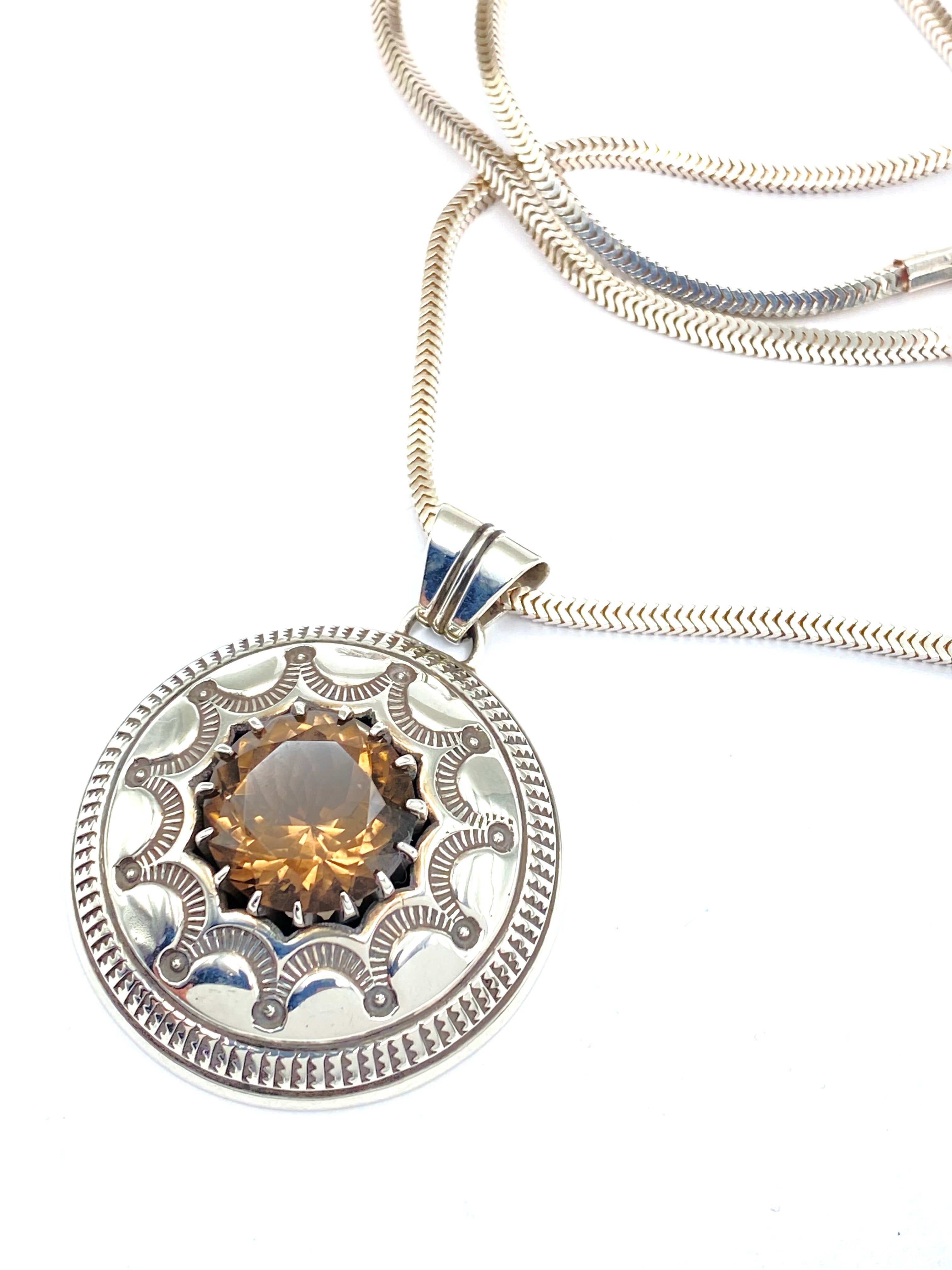 VTG Sterling Stamped Round Pendant Smoky Topaz Native American Signed