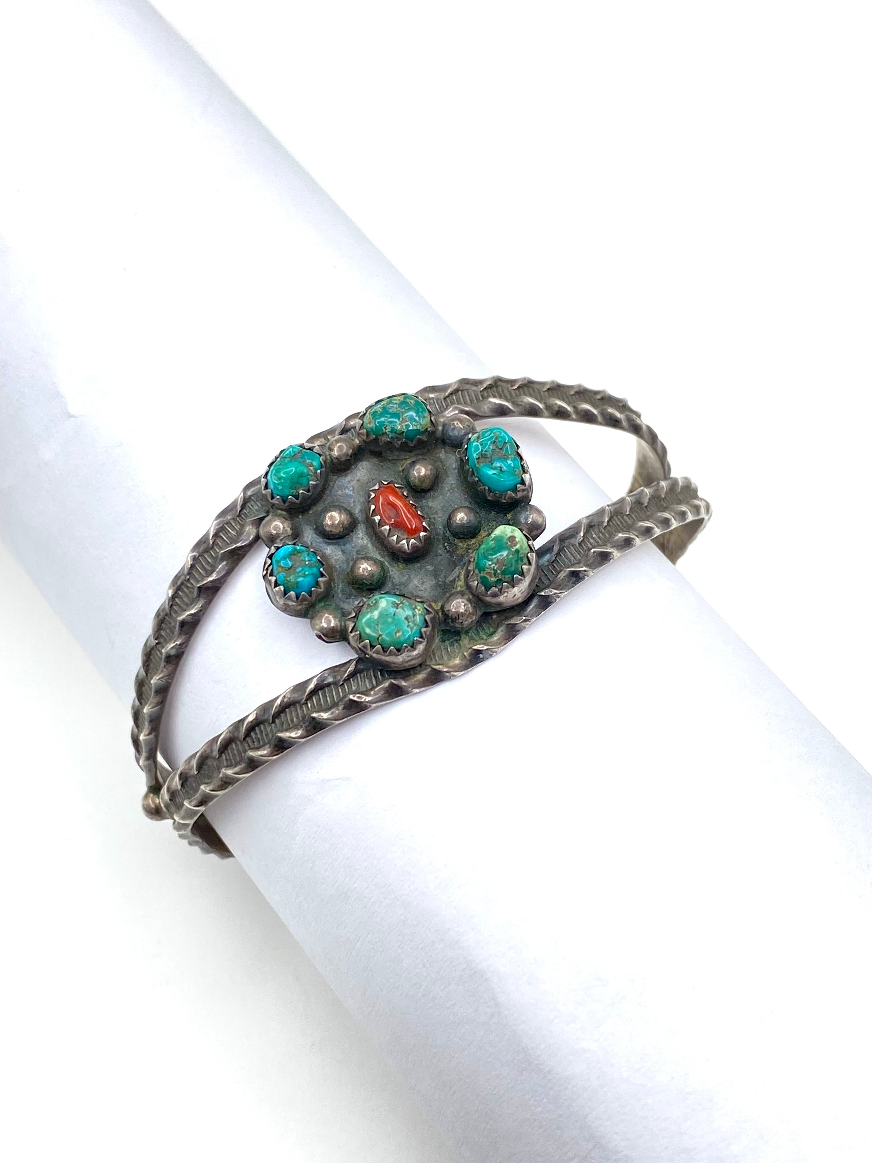 VTG Fred Harvey Style Silver Bracelet Turquoise Coral Petite Native American