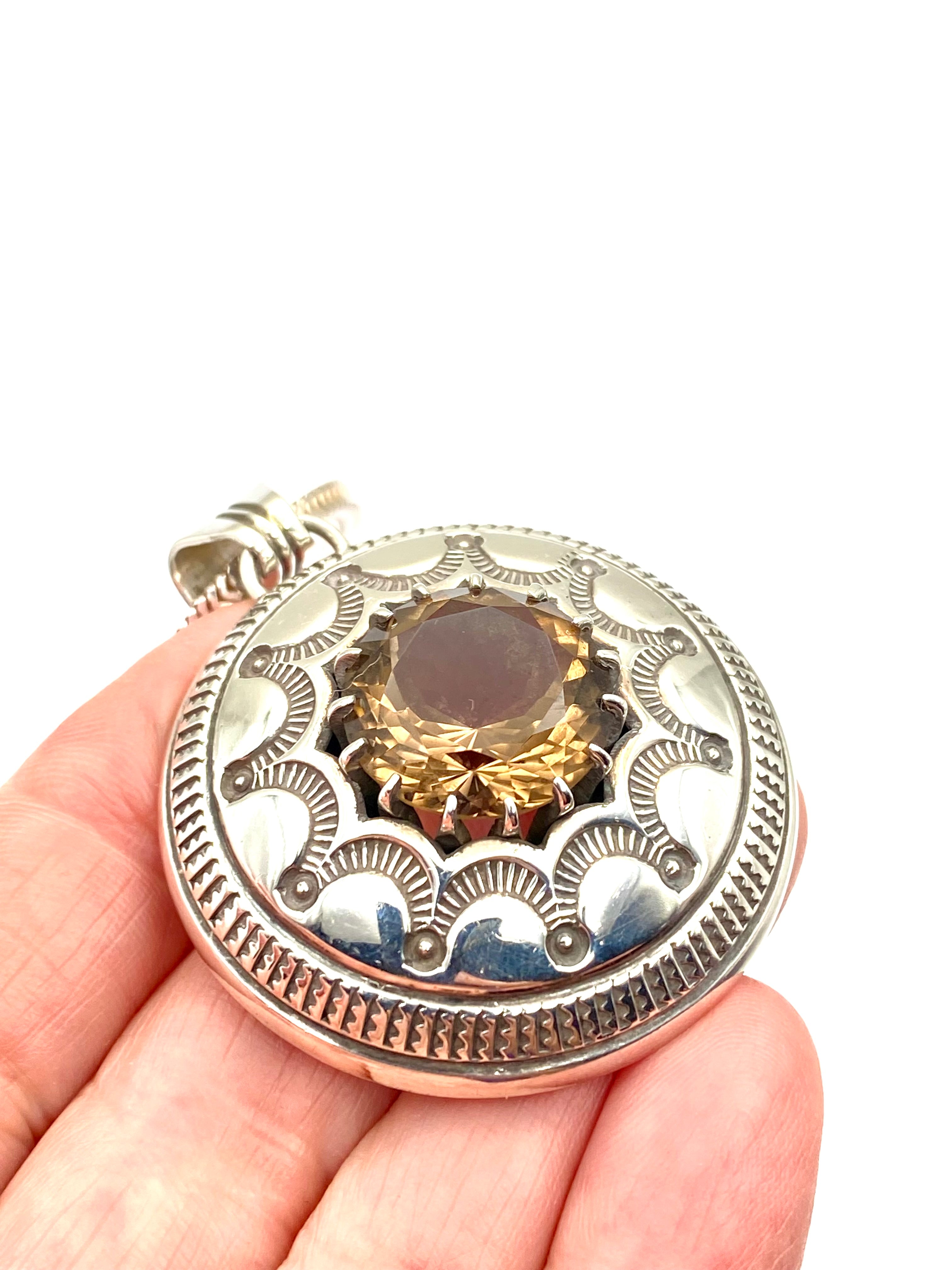 VTG Sterling Stamped Round Pendant Smoky Topaz Native American Signed