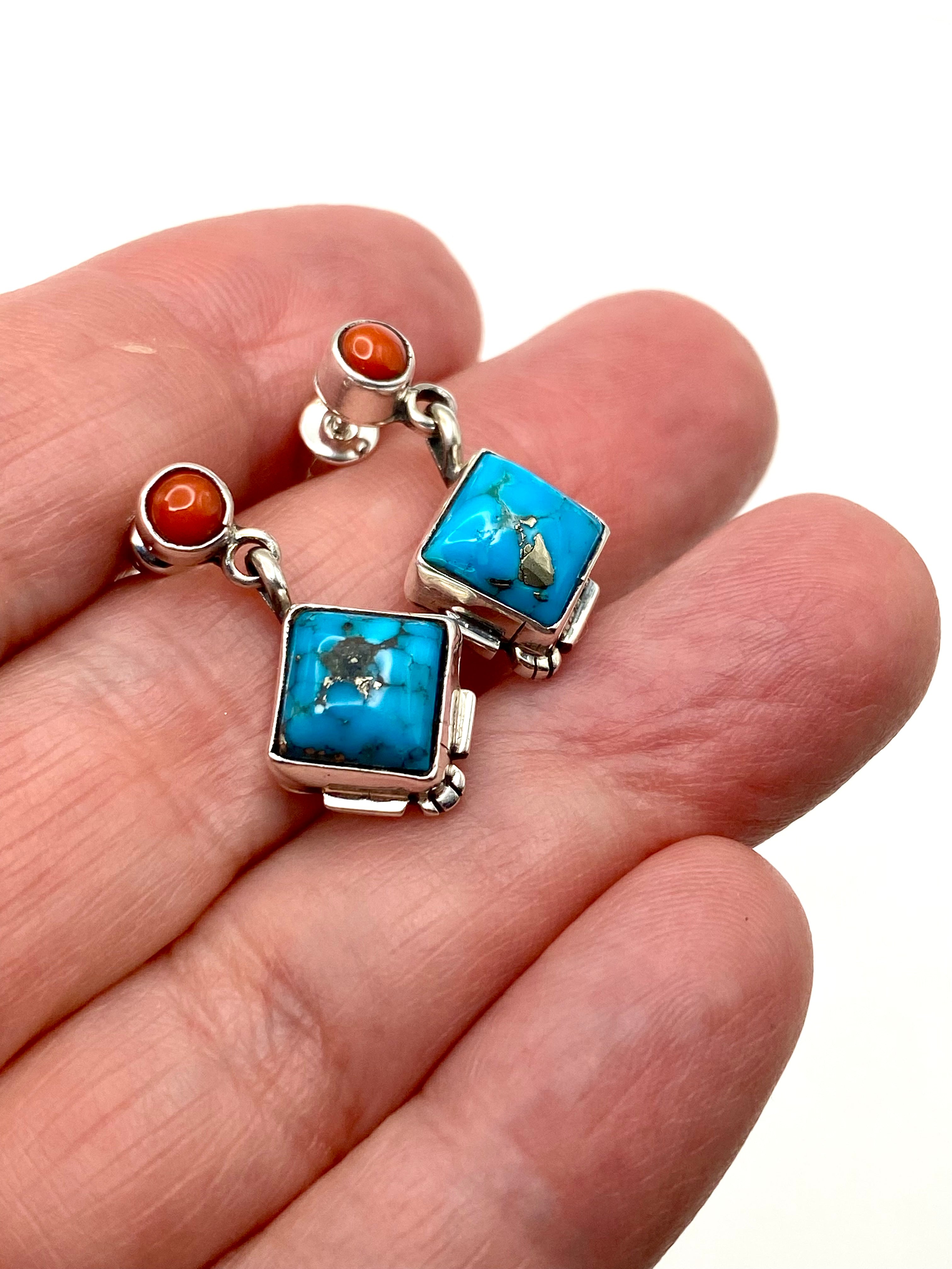 Petite Sterling Turquoise Dangle Earrings Coral Navajo V. Betone Native American