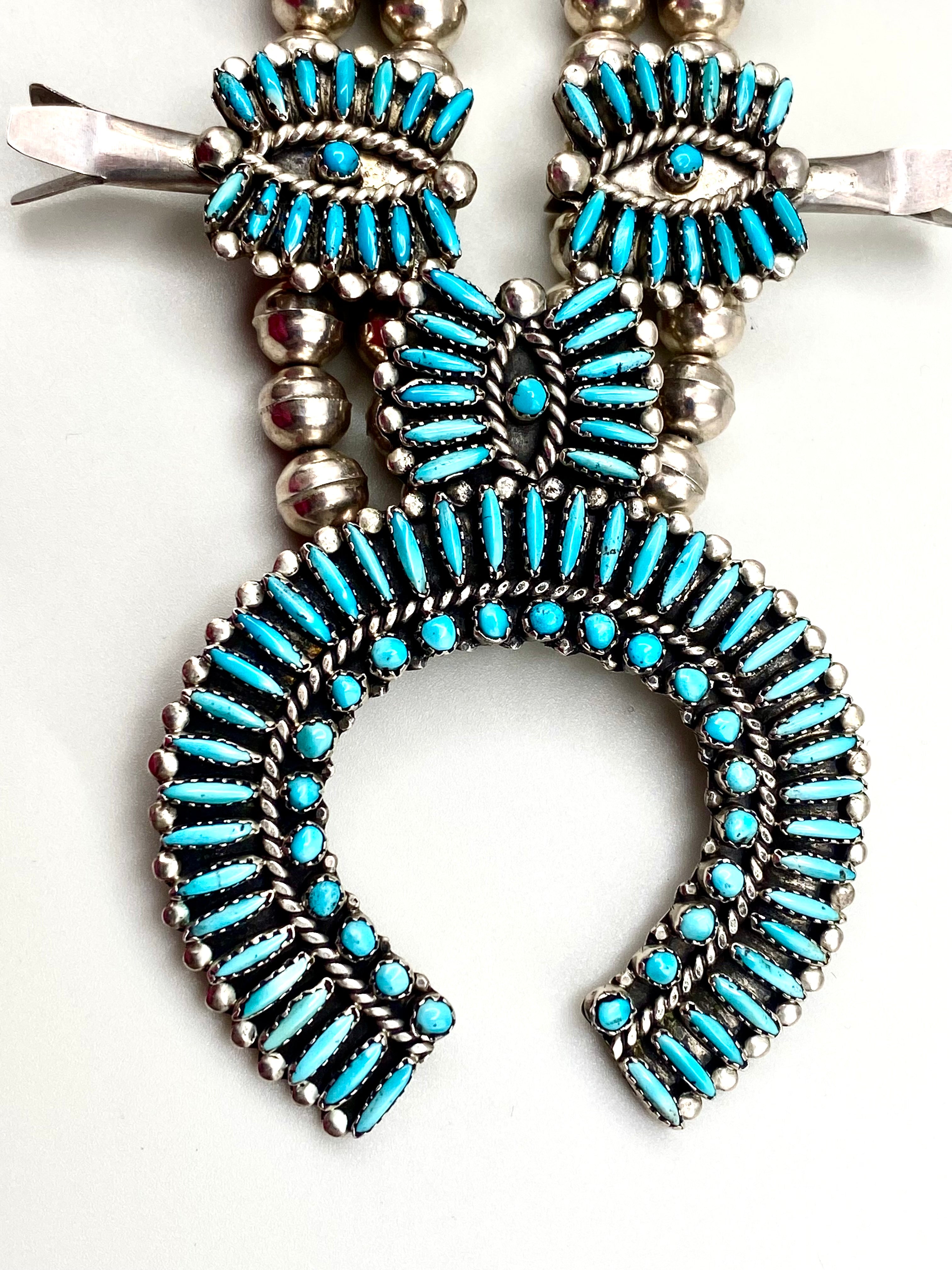 VTG Zuni Needlepoint Turquoise Squash Blossom Necklace Earring Set c. 1960s