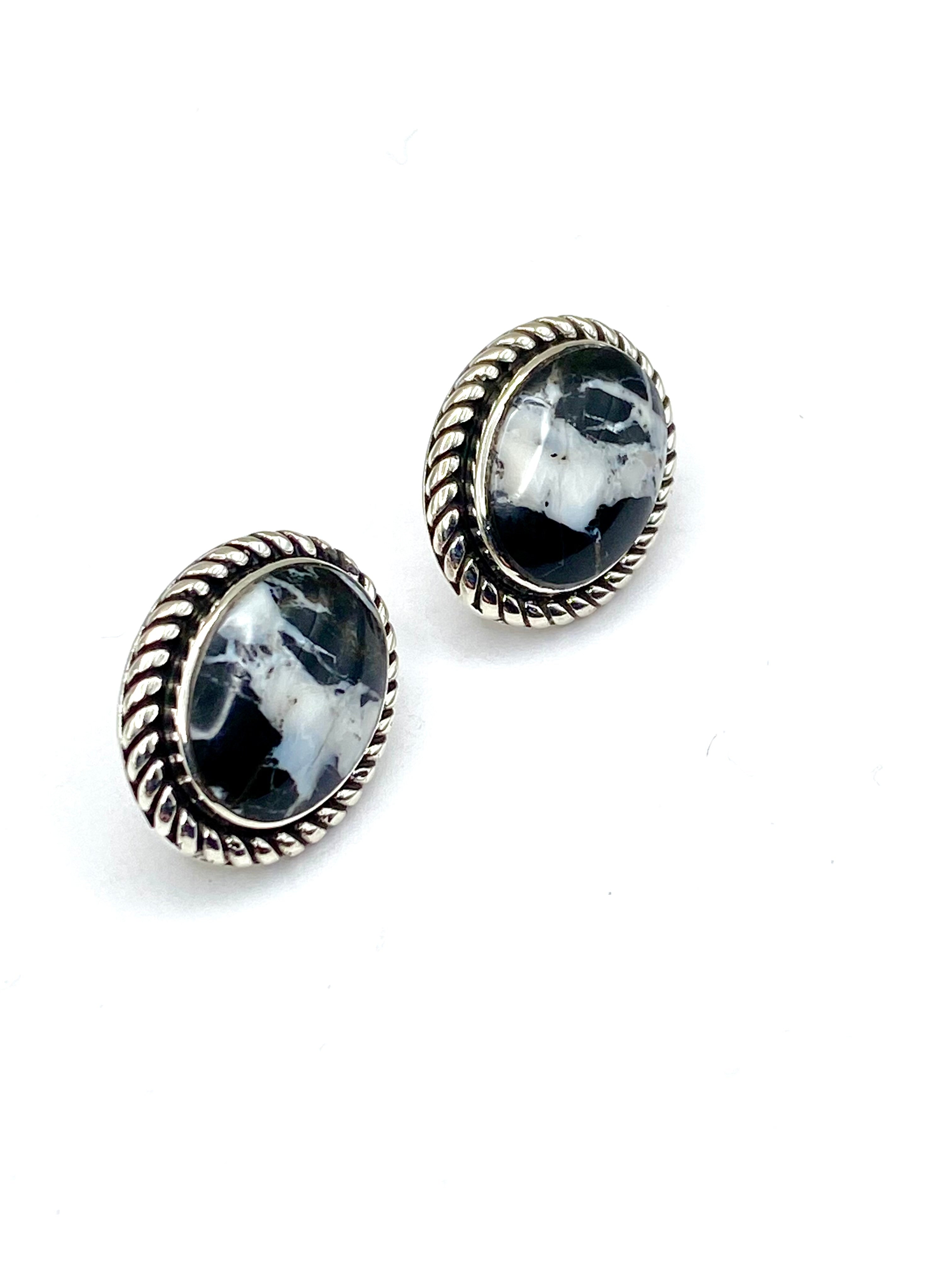 Sterling Silver White Buffalo Earrings  Oval Posts Native American Signed
