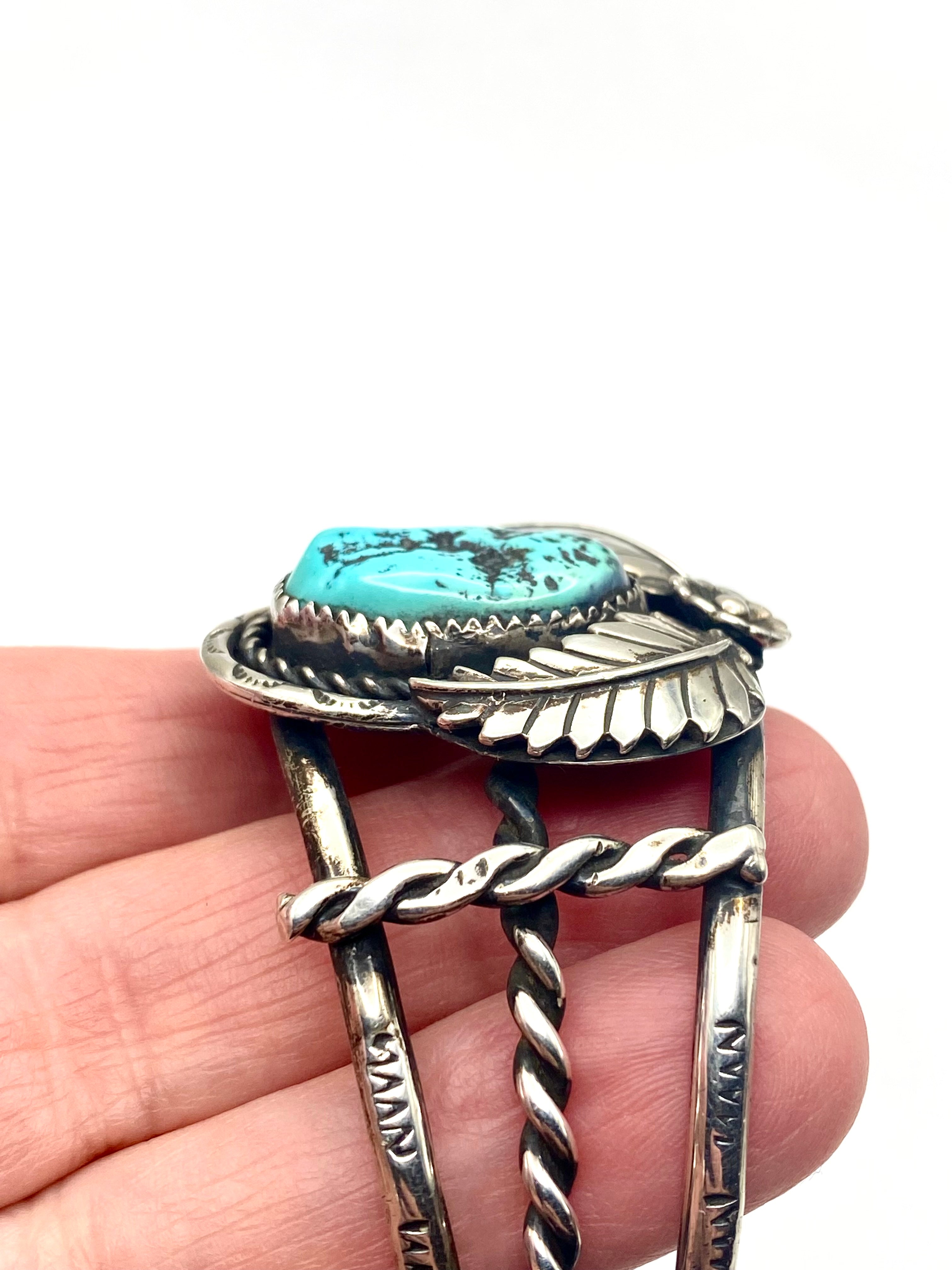 VTG Sterling Turquoise Bracelet 3-Rail Leaf Flower Applique Native American