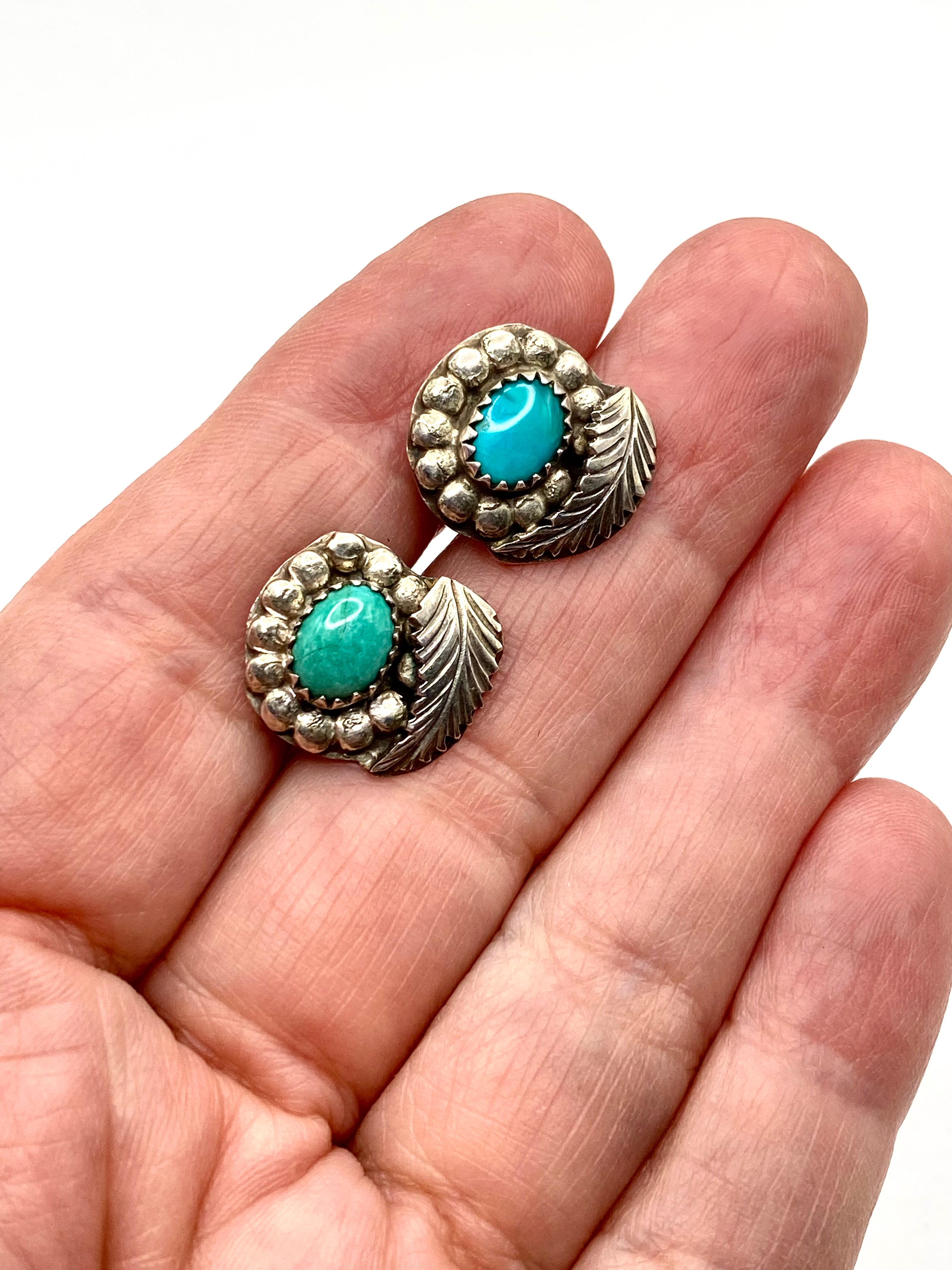 Vintage Petite Sterling Turquoise Screw Back Earrings Native American