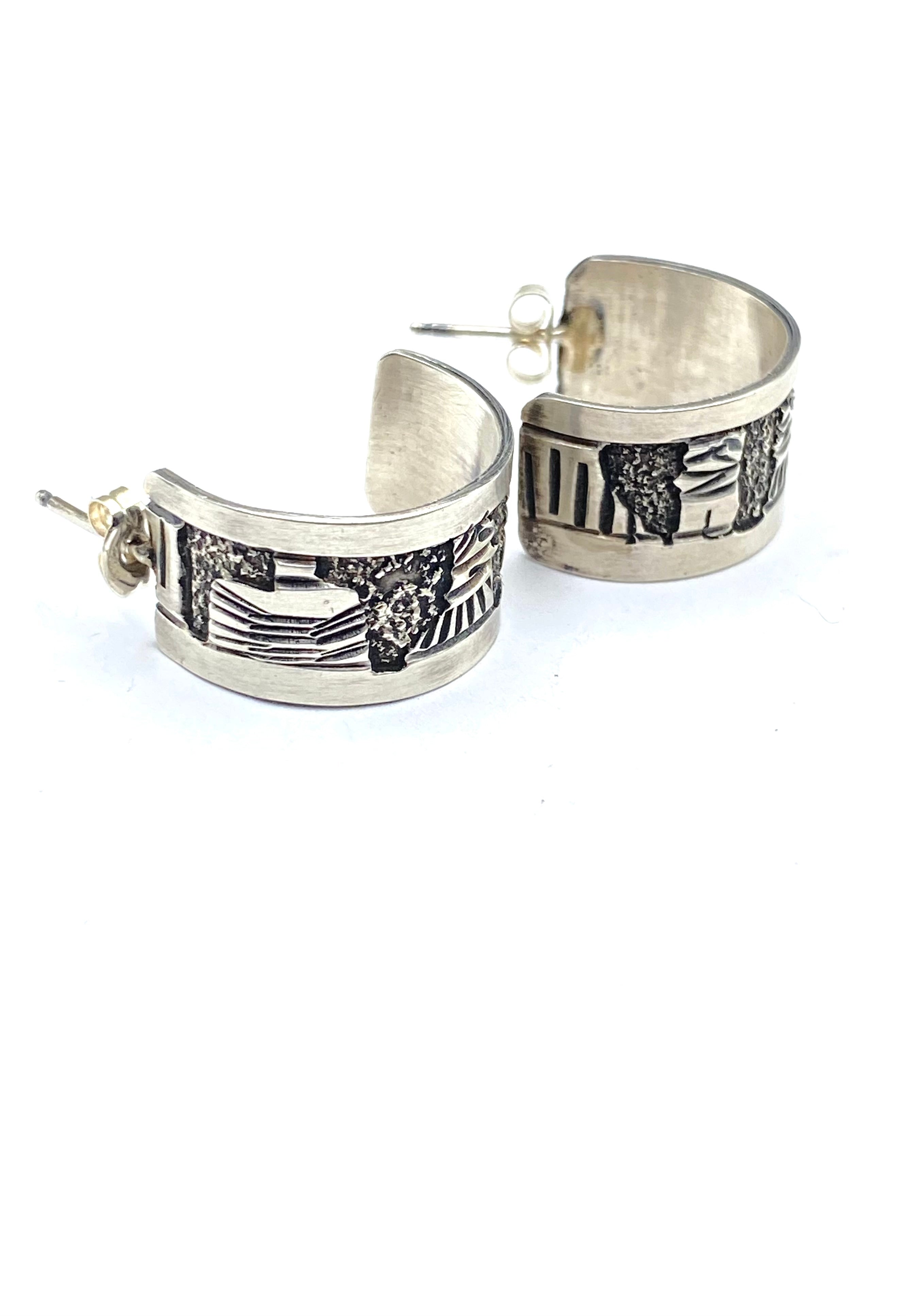 Sterling Silver Wide Hoop Earrings Story Teller Design Native American Signed