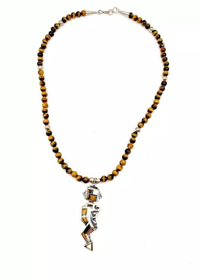 VTG Tiger Eye Bead Necklace 21" Sterling Inlay Kachina Pendant Navajo E. Hoskie