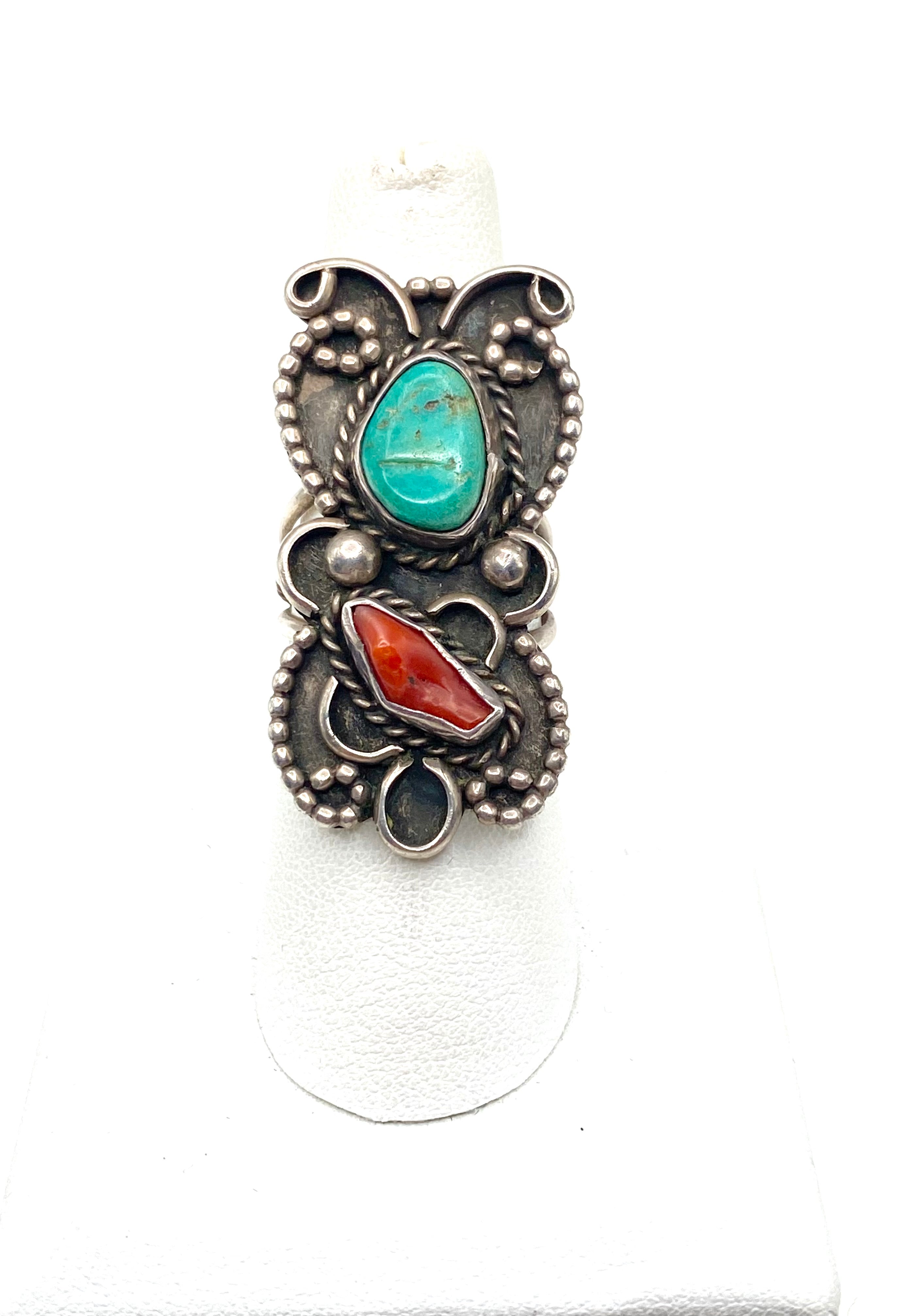 VTG Green Turquoise Coral Ring Silver Size 7.5 Triple Shank Native American