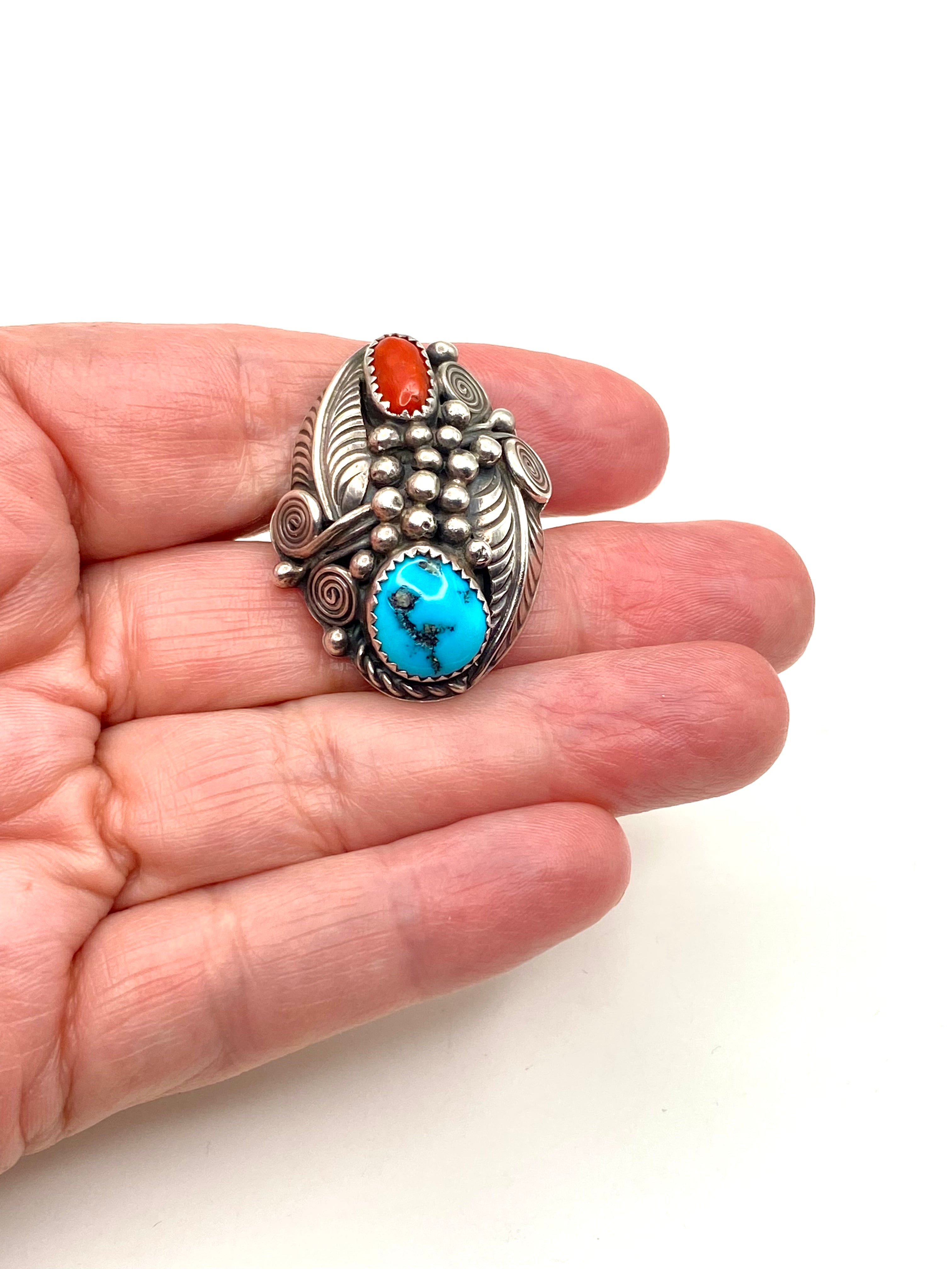 VTG Sterling Domed Hollow Ring Turquoise Coral Size 9.75 Native American Signed