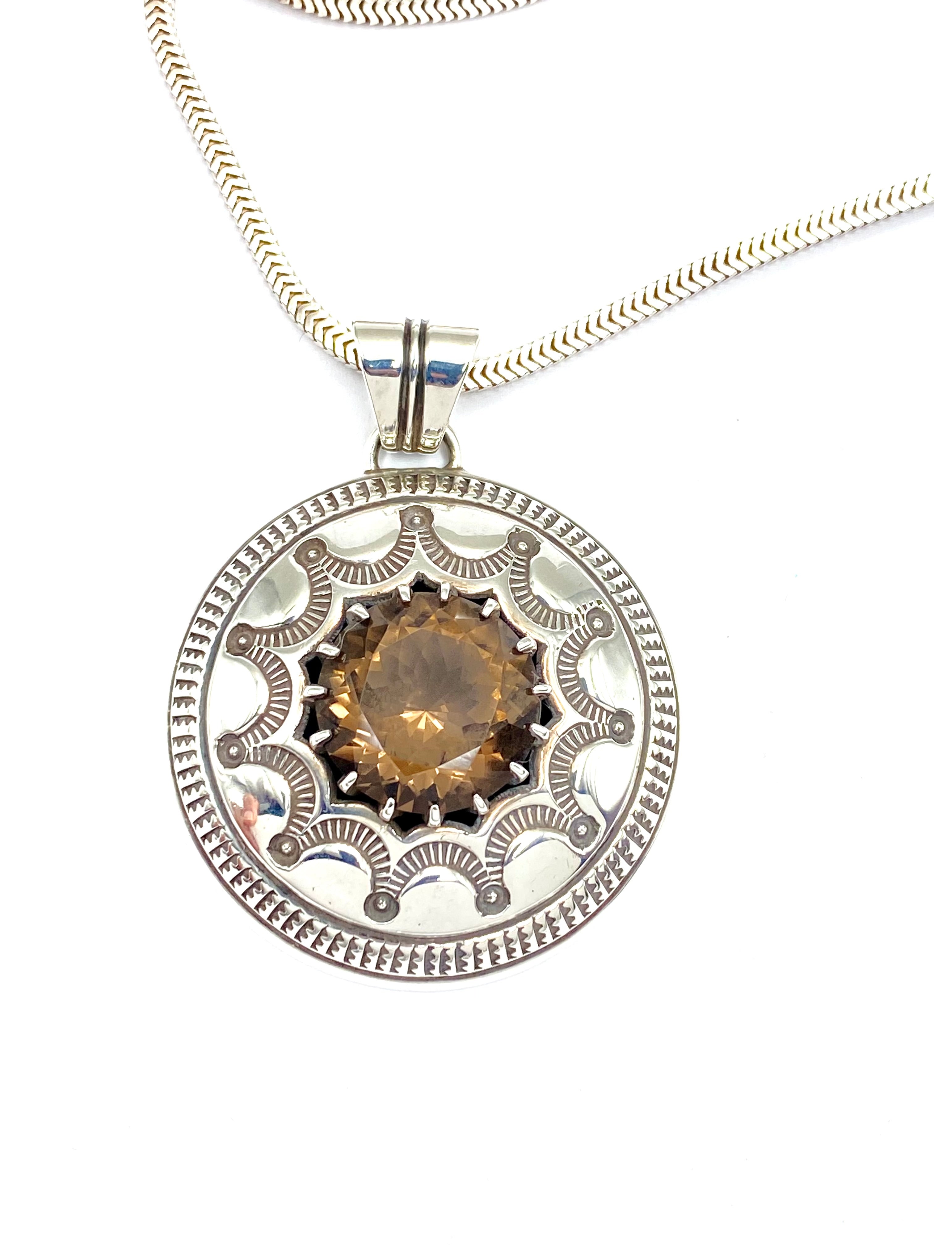 VTG Sterling Stamped Round Pendant Smoky Topaz Native American Signed