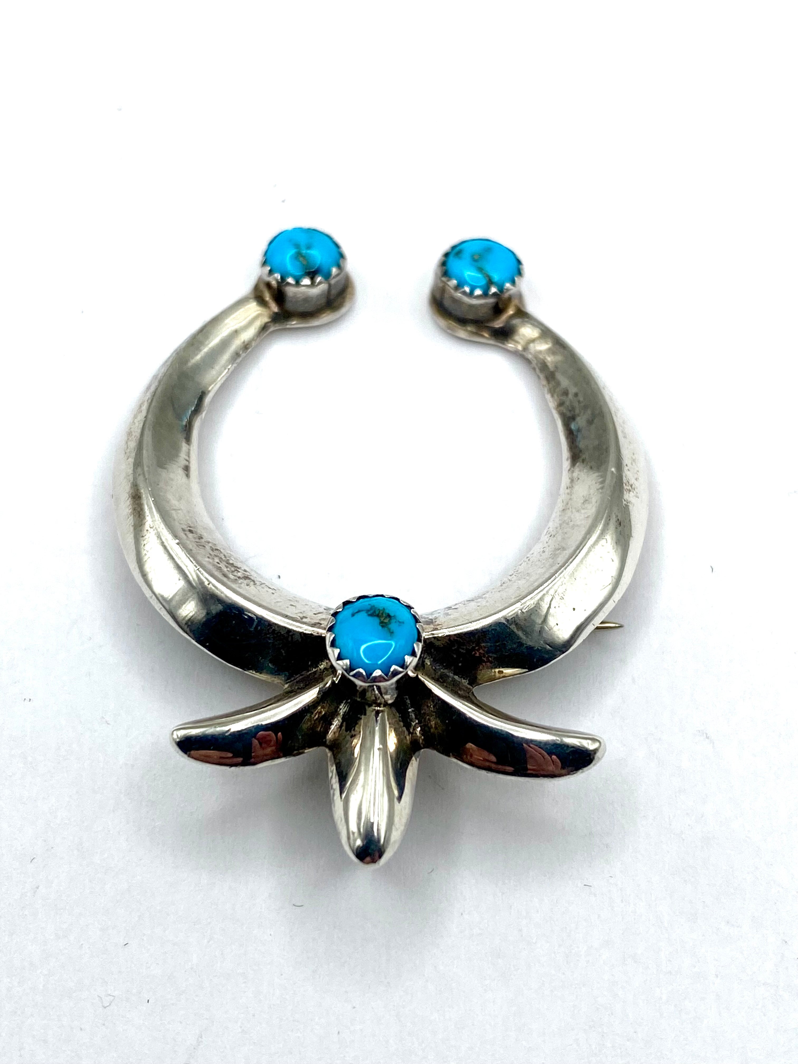 Vintage Sandcast Naja Pin Pendant Sterling Silver Turquoise Native American