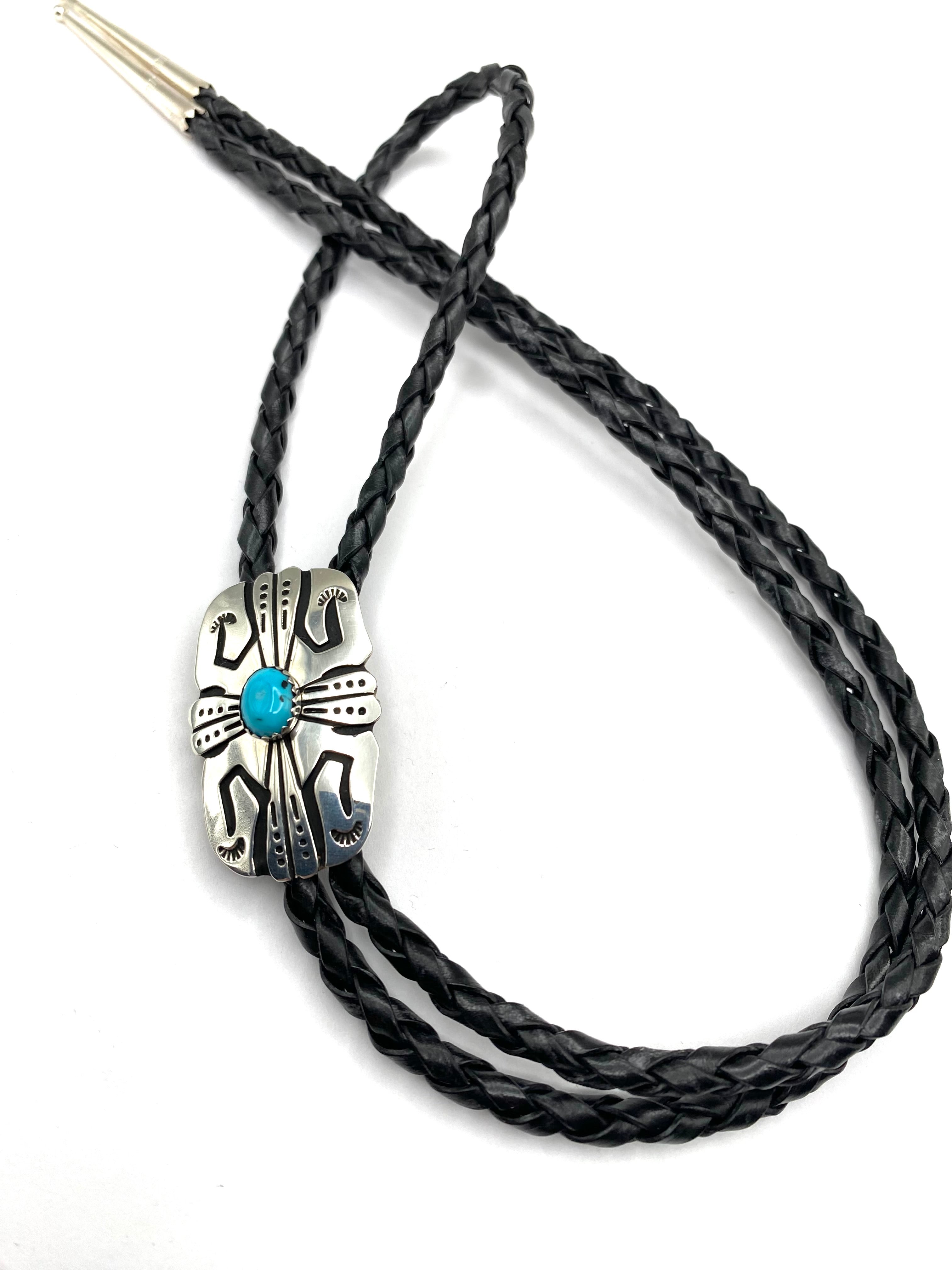 Petite Sterling Silver Overlay Bolo Tie Oval Turquoise Navajo T&R Singer New