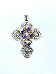 Scalloped Sterling Cross Pendant Lapis Pink Conch John Nelson Navajo