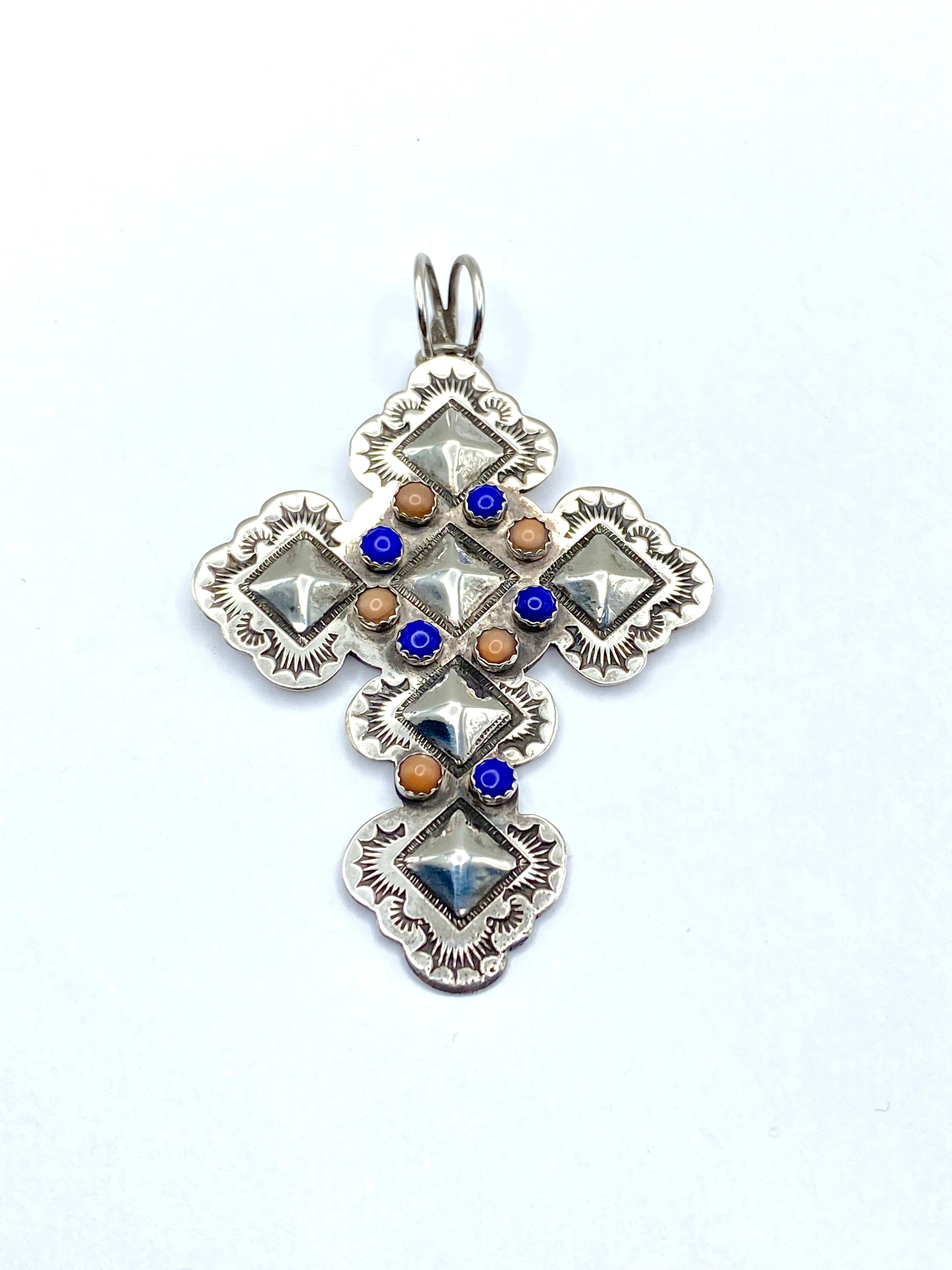 Scalloped Sterling Cross Pendant Lapis Pink Conch John Nelson Navajo