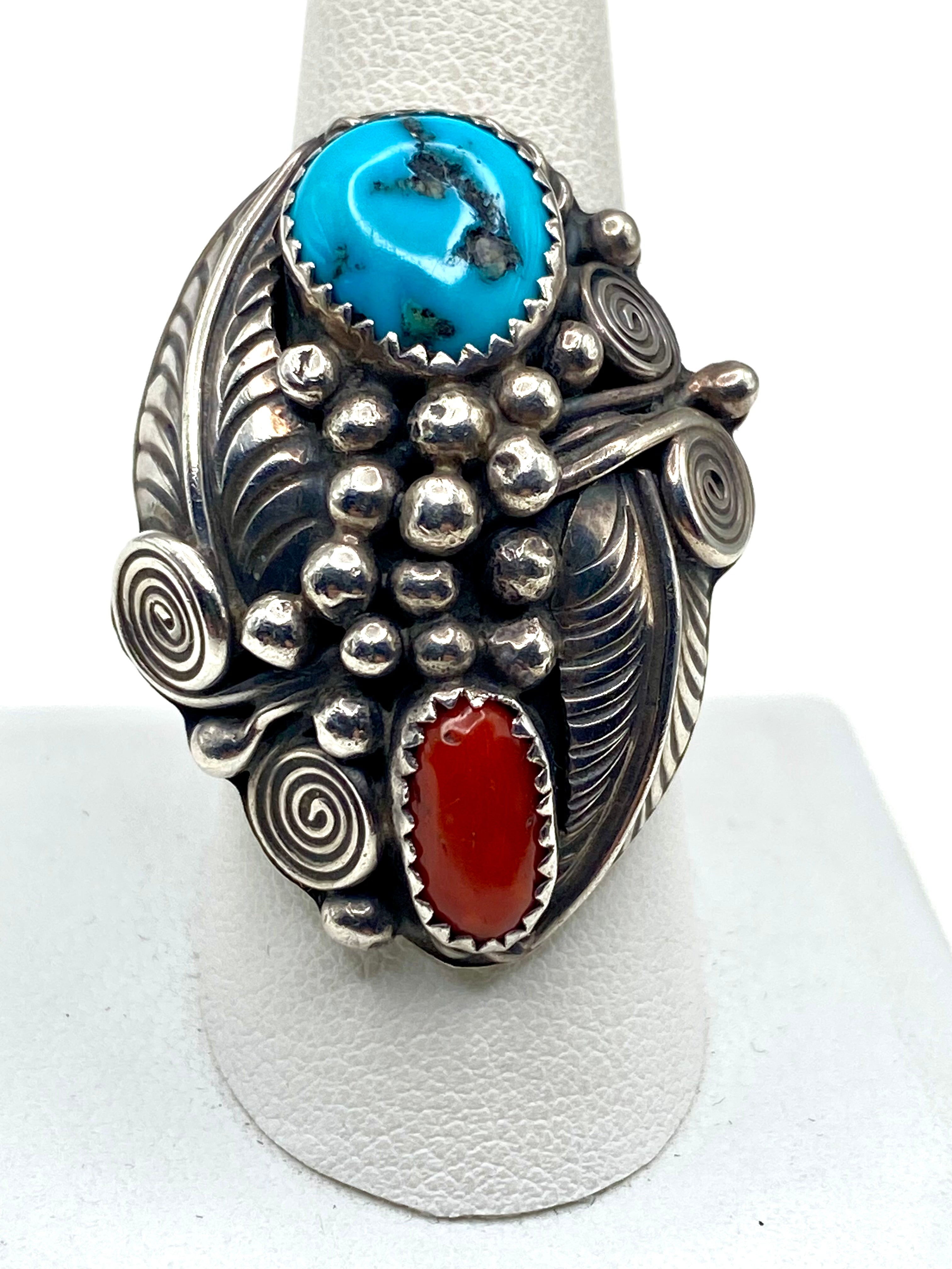 VTG Sterling Domed Hollow Ring Turquoise Coral Size 9.75 Native American Signed