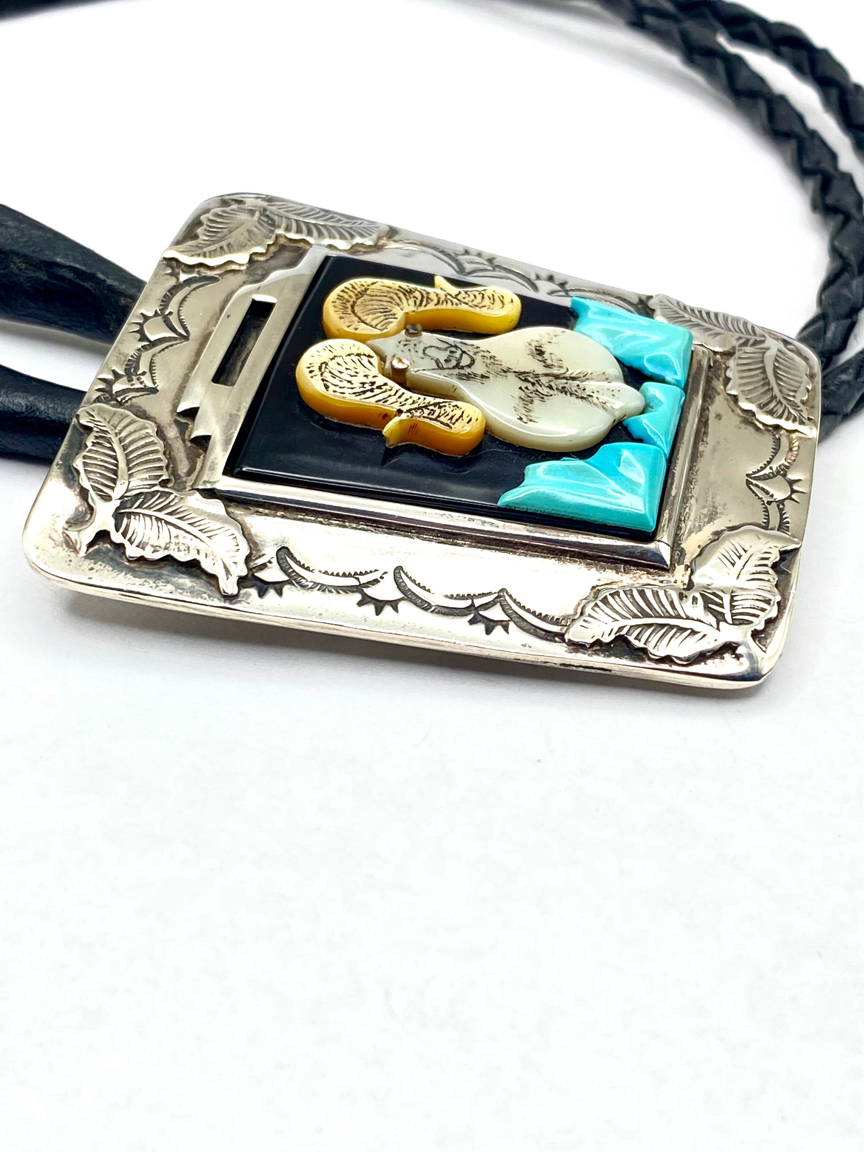 VTG Bighorn Sheep Inlay Bolo Tie Heavy Gauge Sterling 3D Turquoise J. Quam Zuni