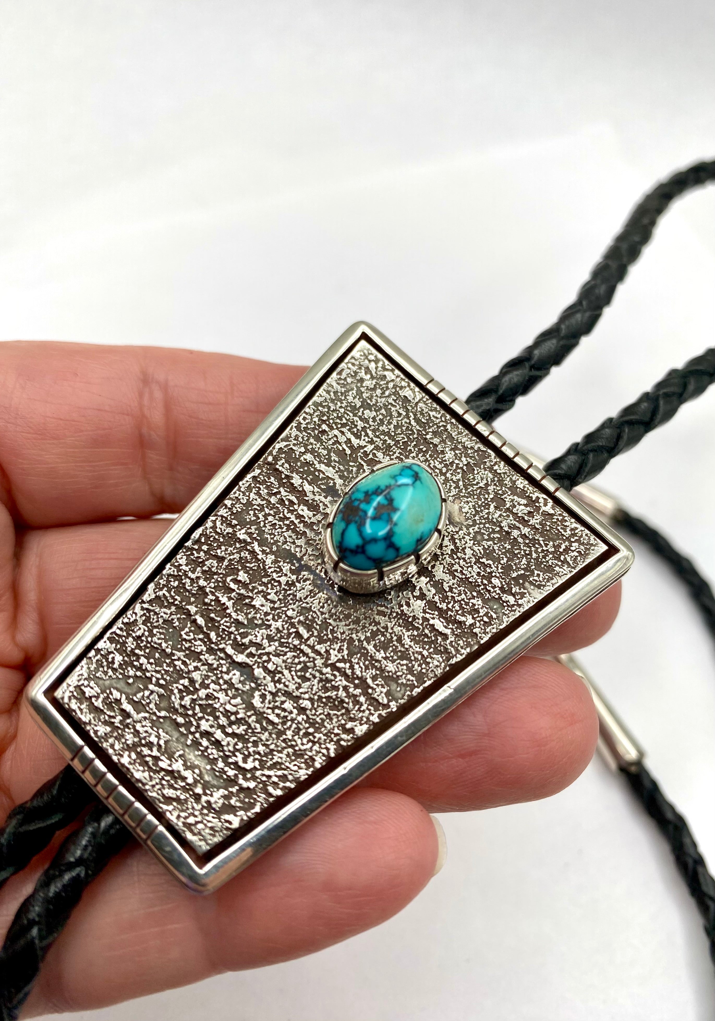 Sterling Silver Tufa Cast Bolo Tie Turquoise Heavy Gage Navajo Vernon Begaye