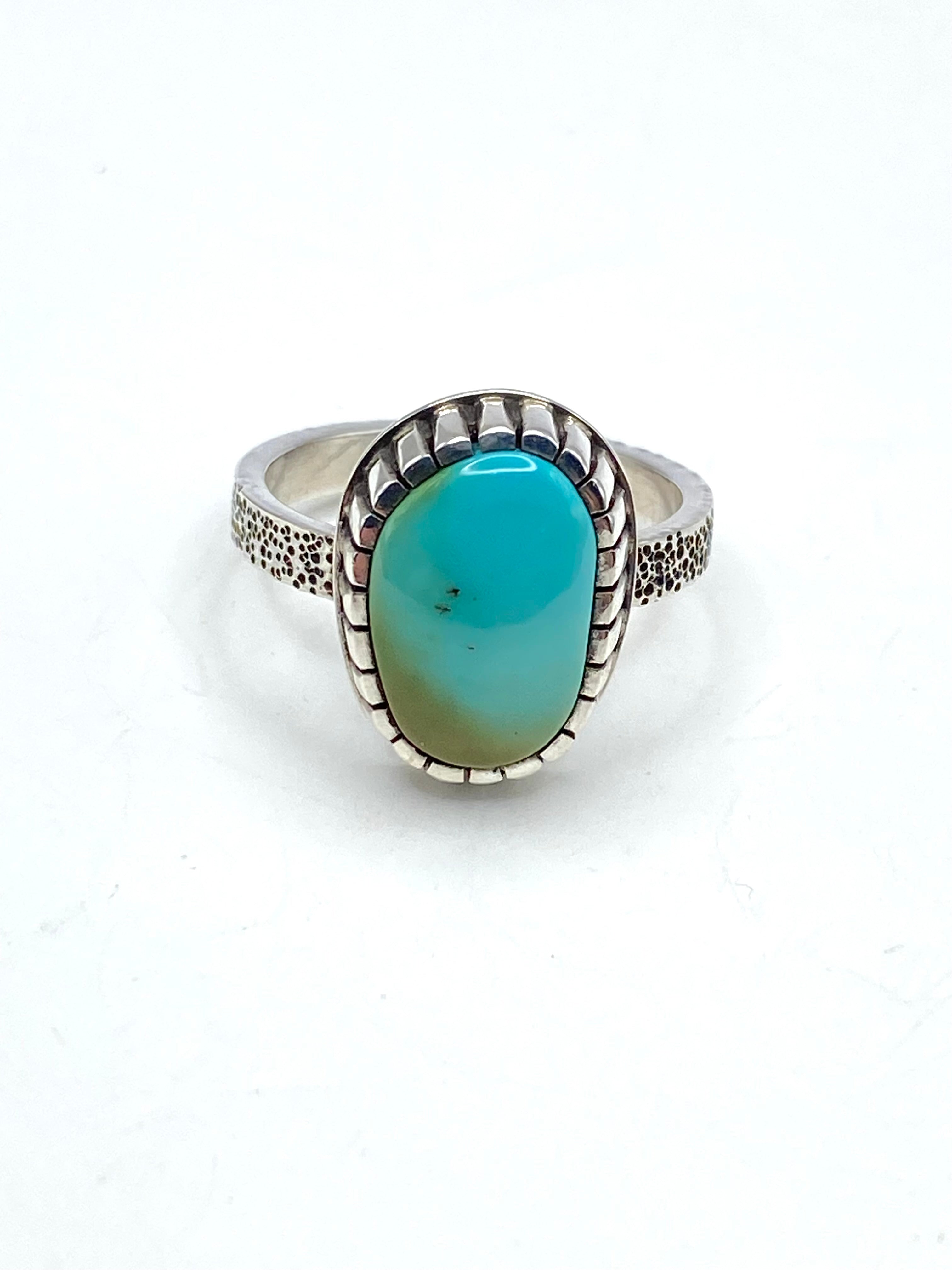 Sterling Tufa Cast Shank Ring Pilot Mountain Turquoise Size 8.5 C. Bazan Navajo