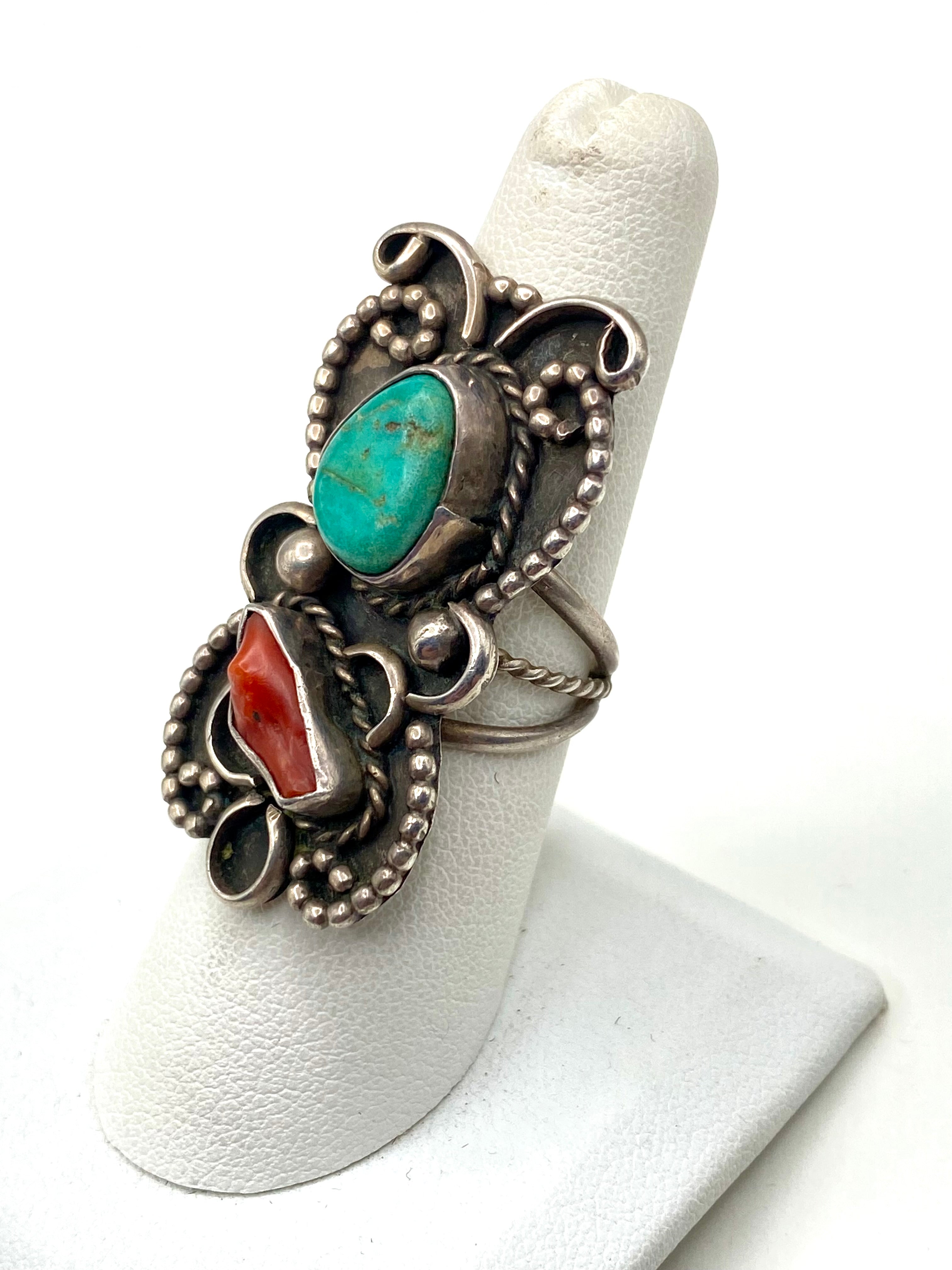 VTG Green Turquoise Coral Ring Silver Size 7.5 Triple Shank Native American