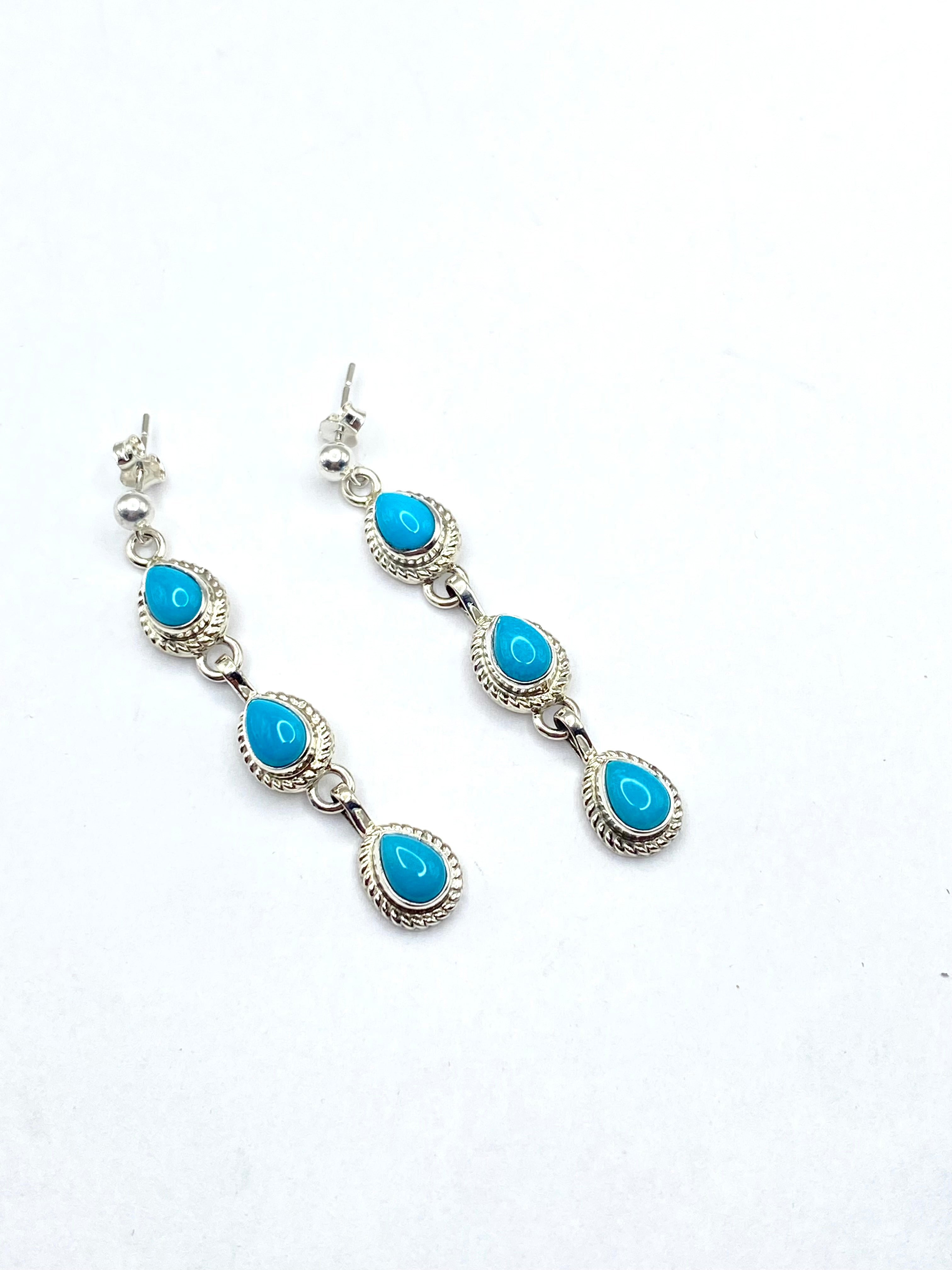 Three Teardrop Turquoise Drop Earrings Sterling Silver New Shirley Henry Navajo