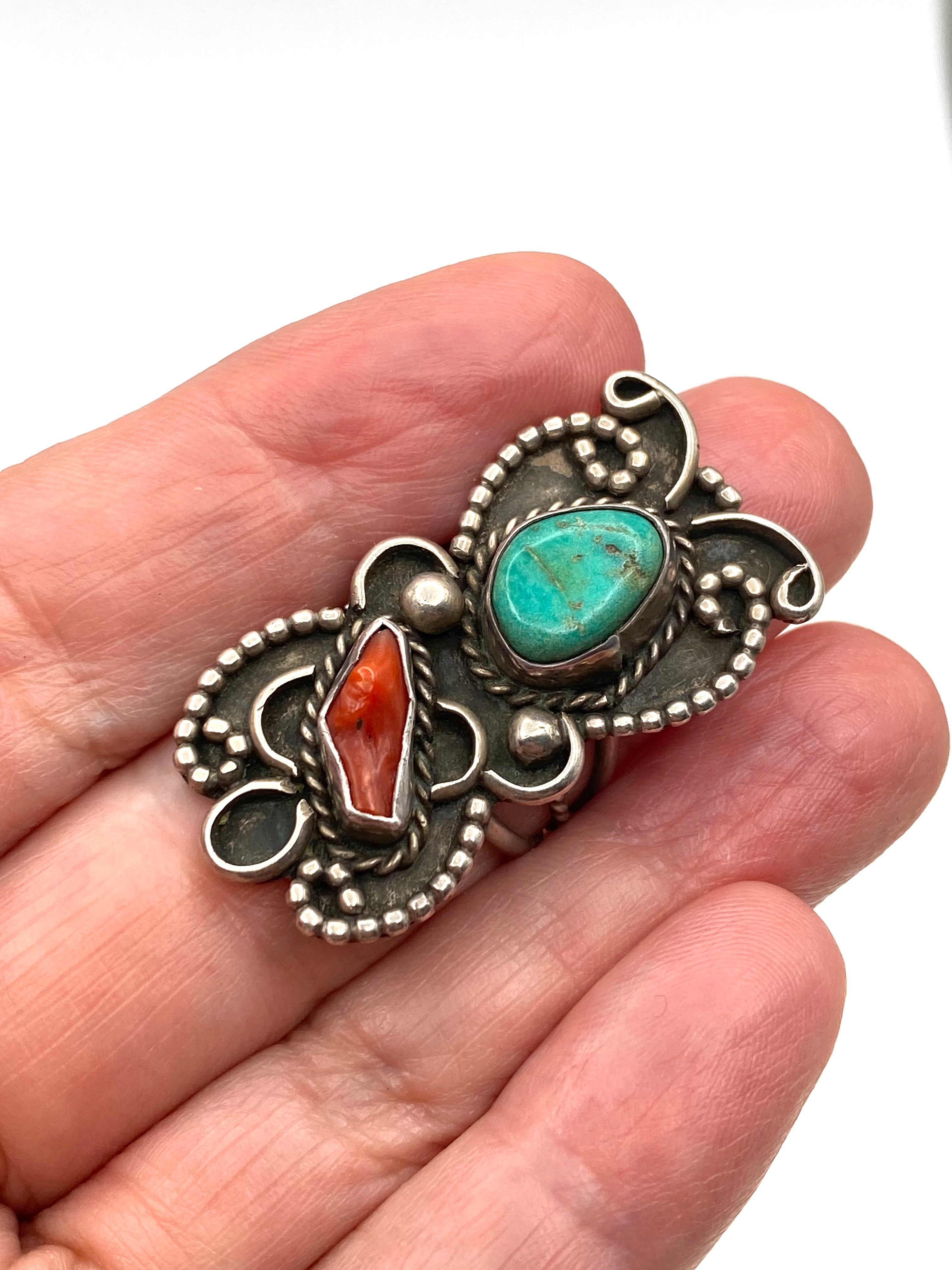 VTG Green Turquoise Coral Ring Silver Size 7.5 Triple Shank Native American