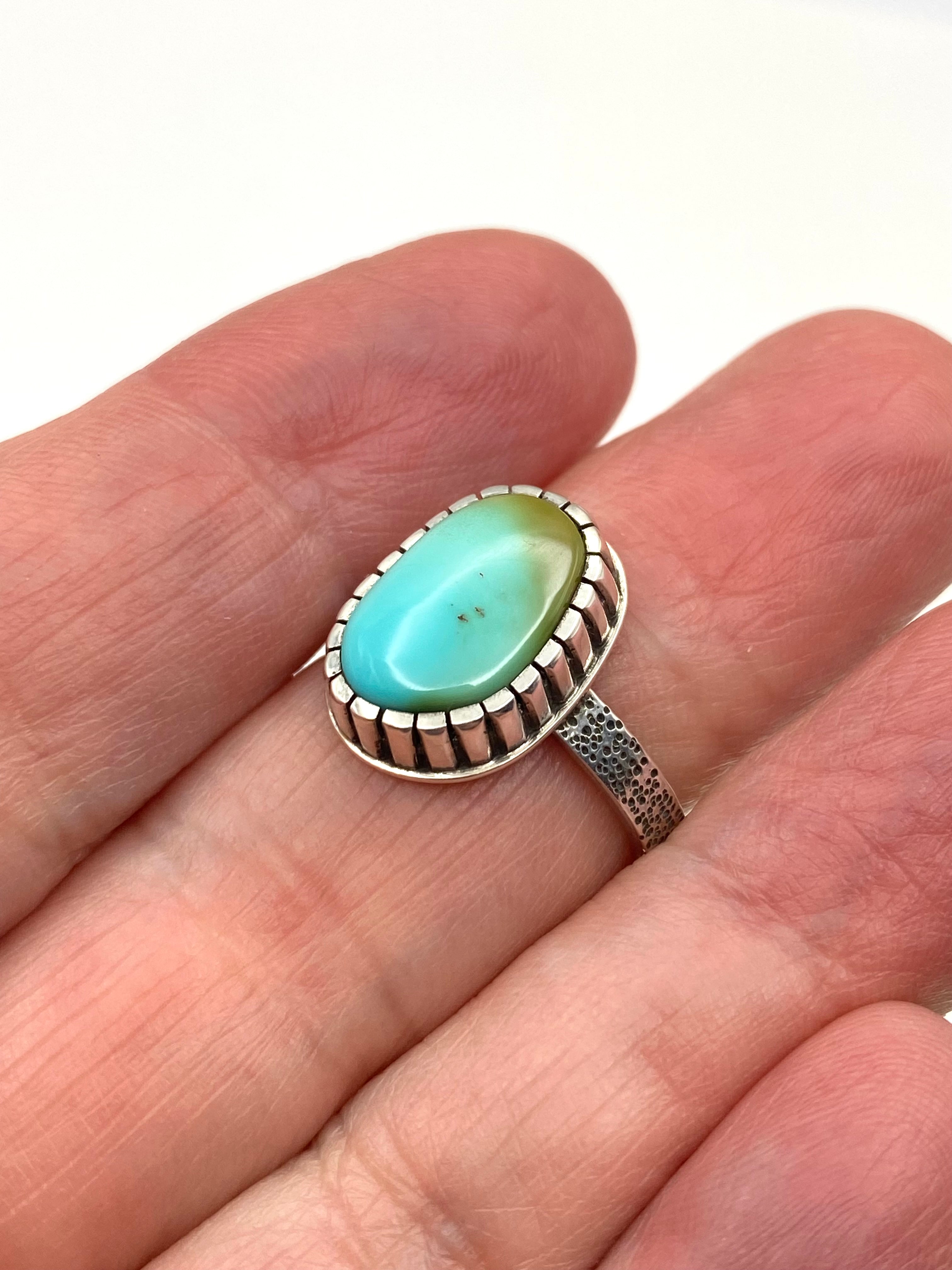 Sterling Tufa Cast Shank Ring Pilot Mountain Turquoise Size 8.5 C. Bazan Navajo