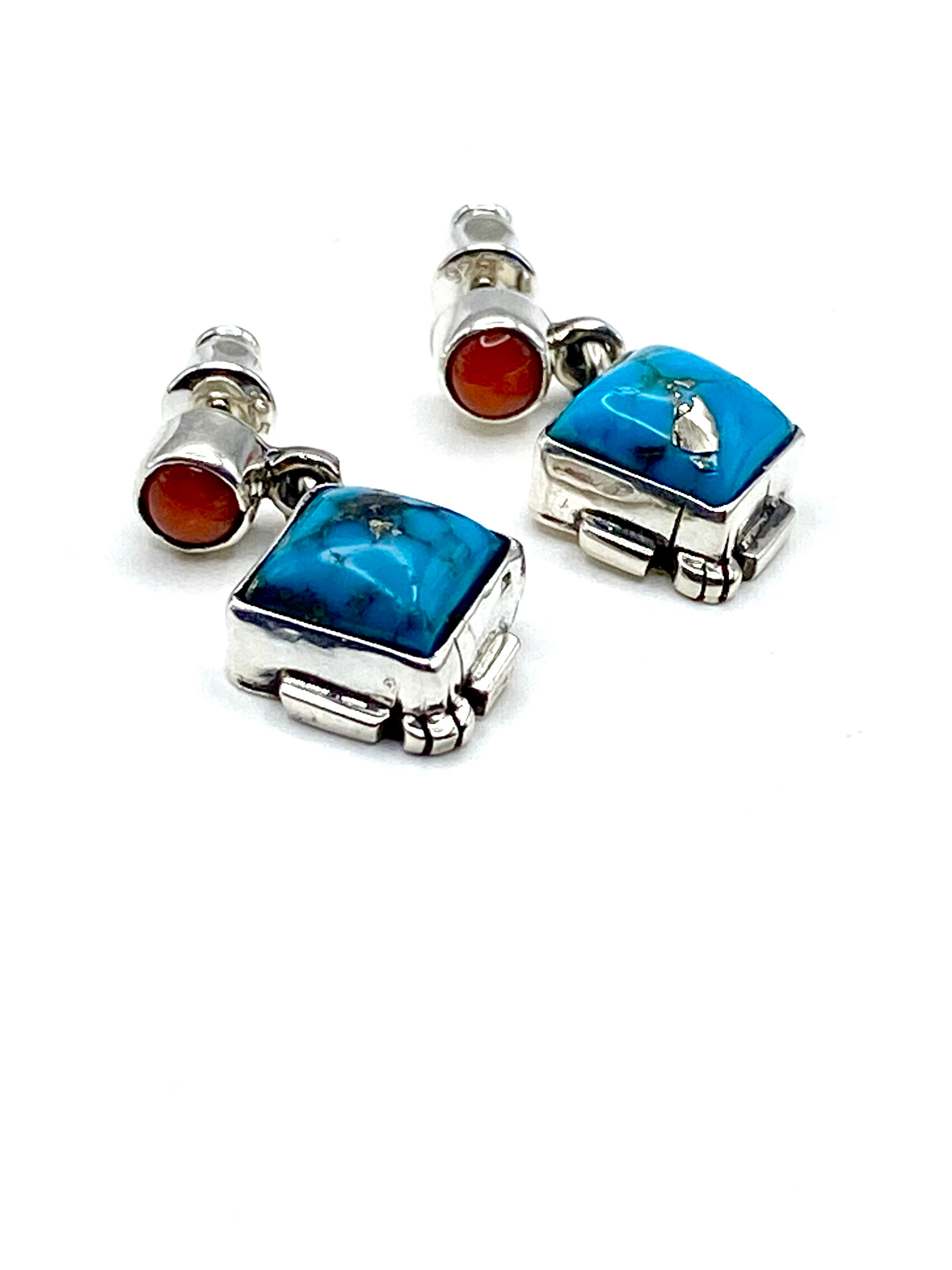 Petite Sterling Turquoise Dangle Earrings Coral Navajo V. Betone Native American