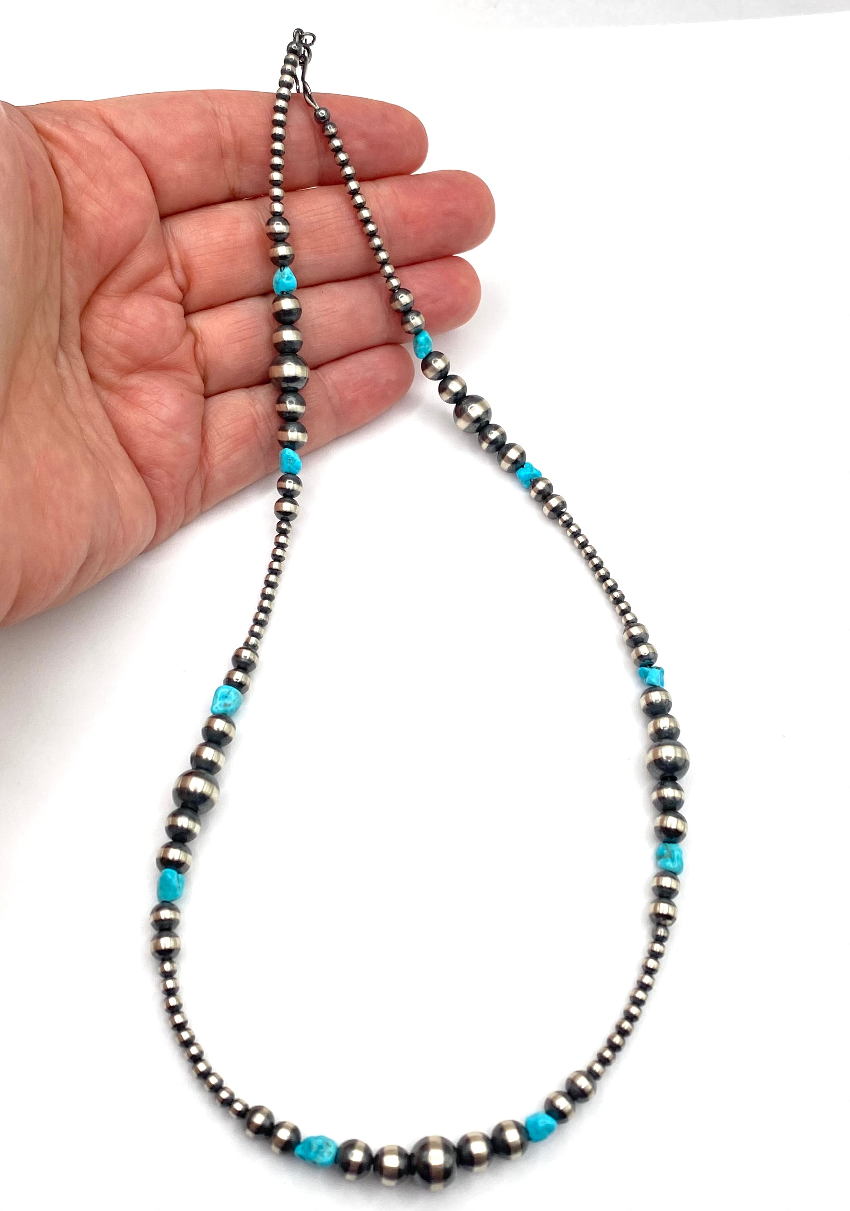 Graduated Sterling Bead Necklace Turquoise Nuggets 20" Native American New