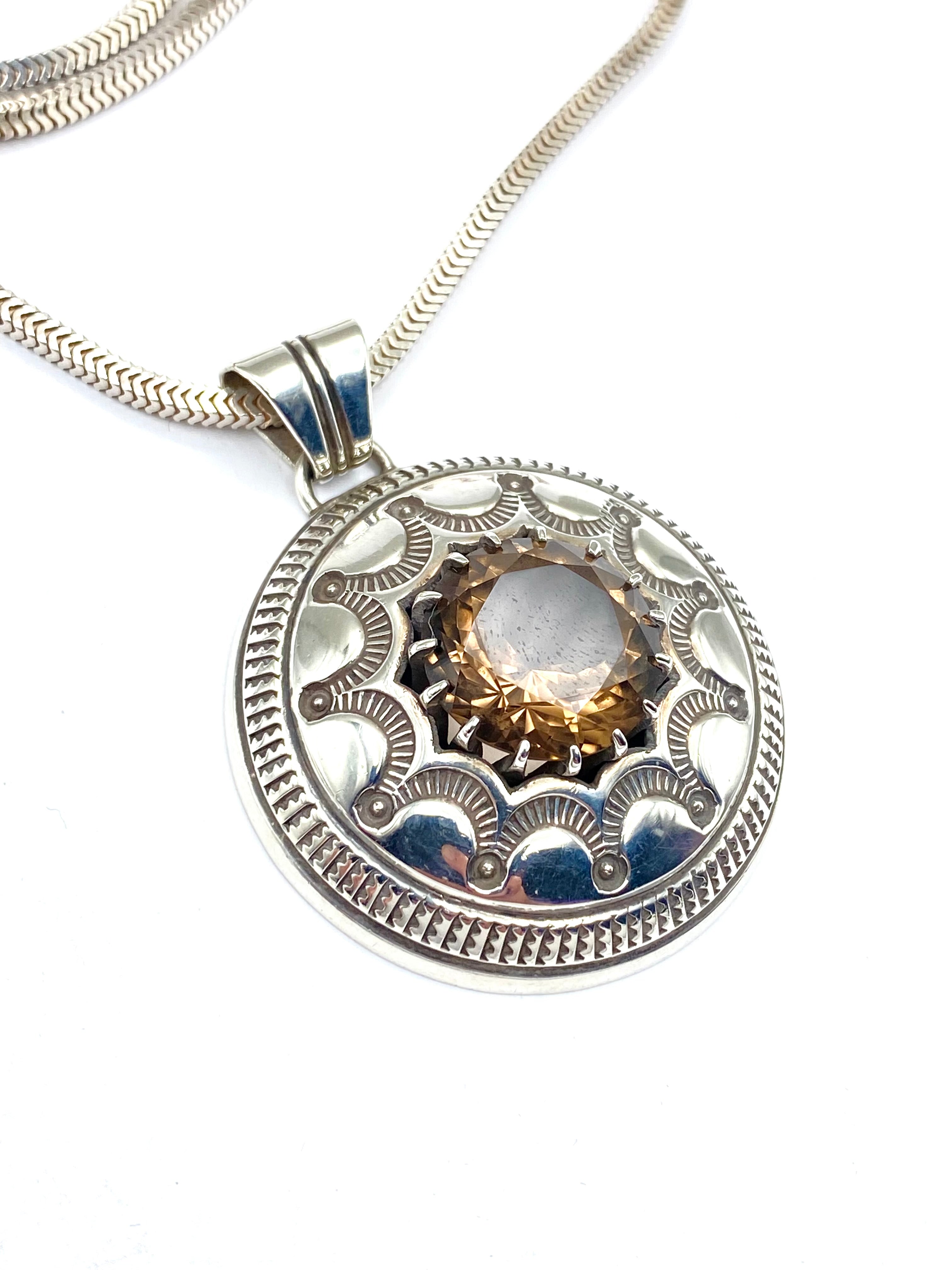 VTG Sterling Stamped Round Pendant Smoky Topaz Native American Signed