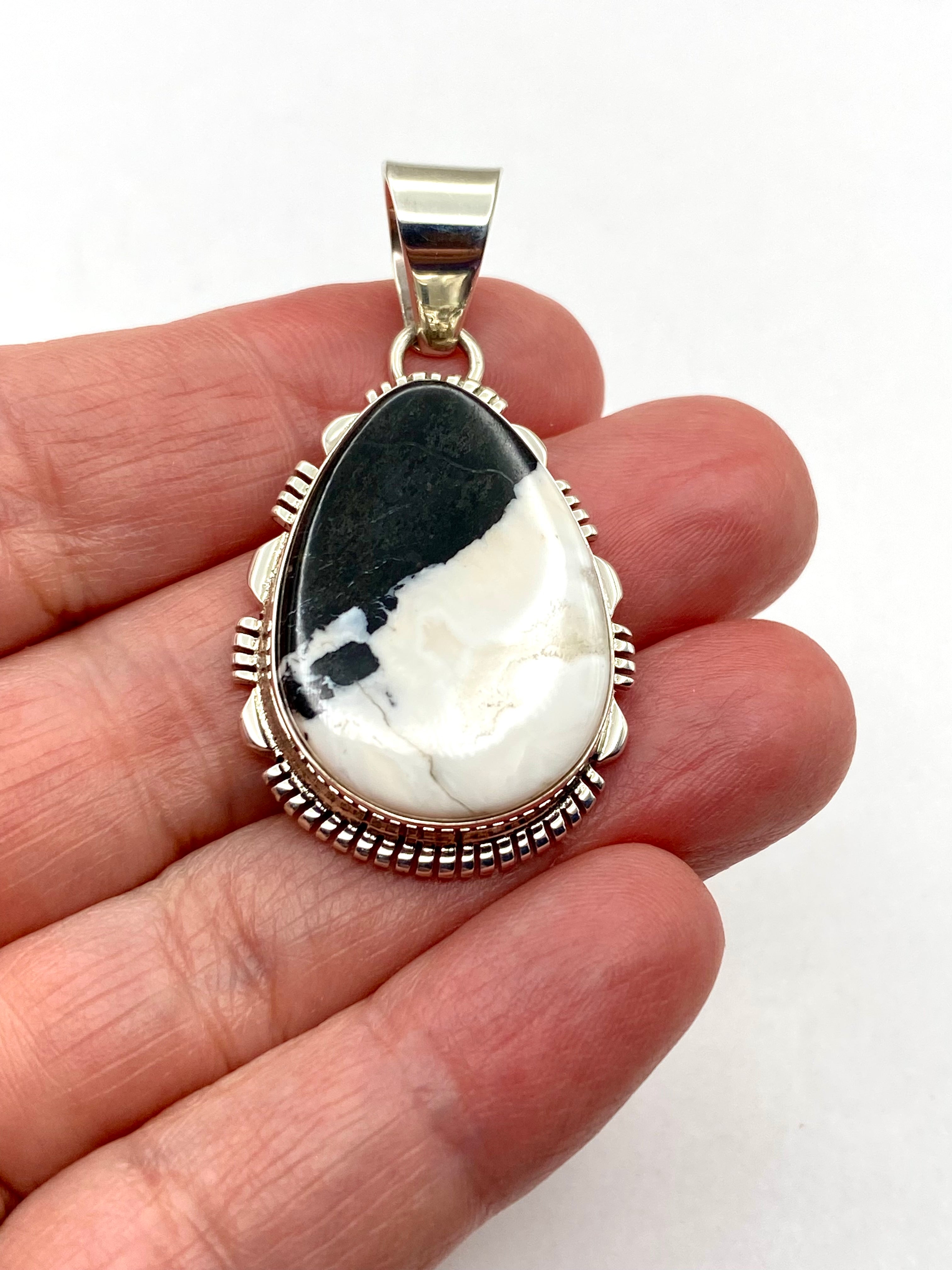 Sterling Silver Teardrop Pendant Large White Buffalo Gemstone Navajo L. Yazzie