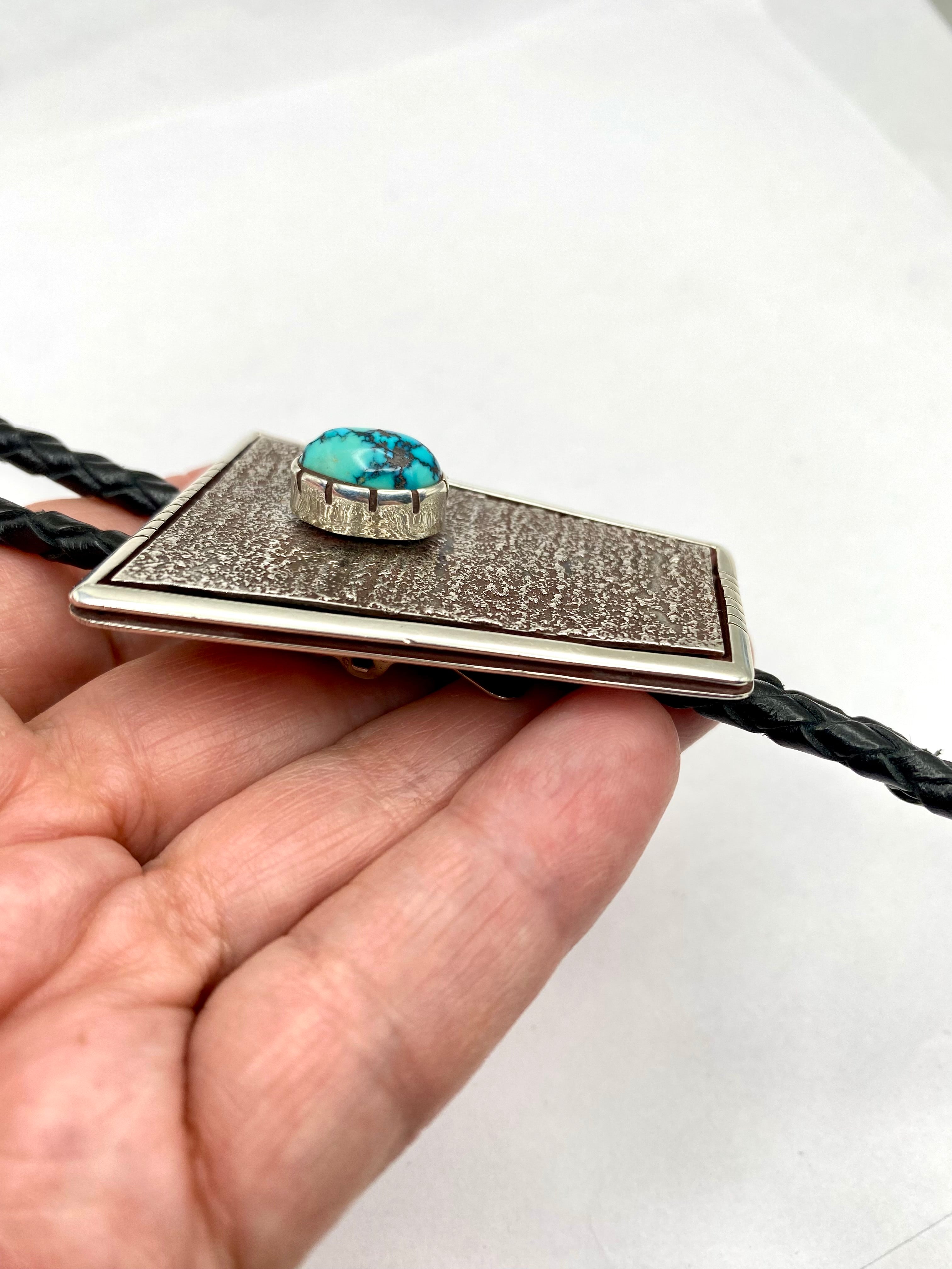 Sterling Silver Tufa Cast Bolo Tie Turquoise Heavy Gage Navajo Vernon Begaye