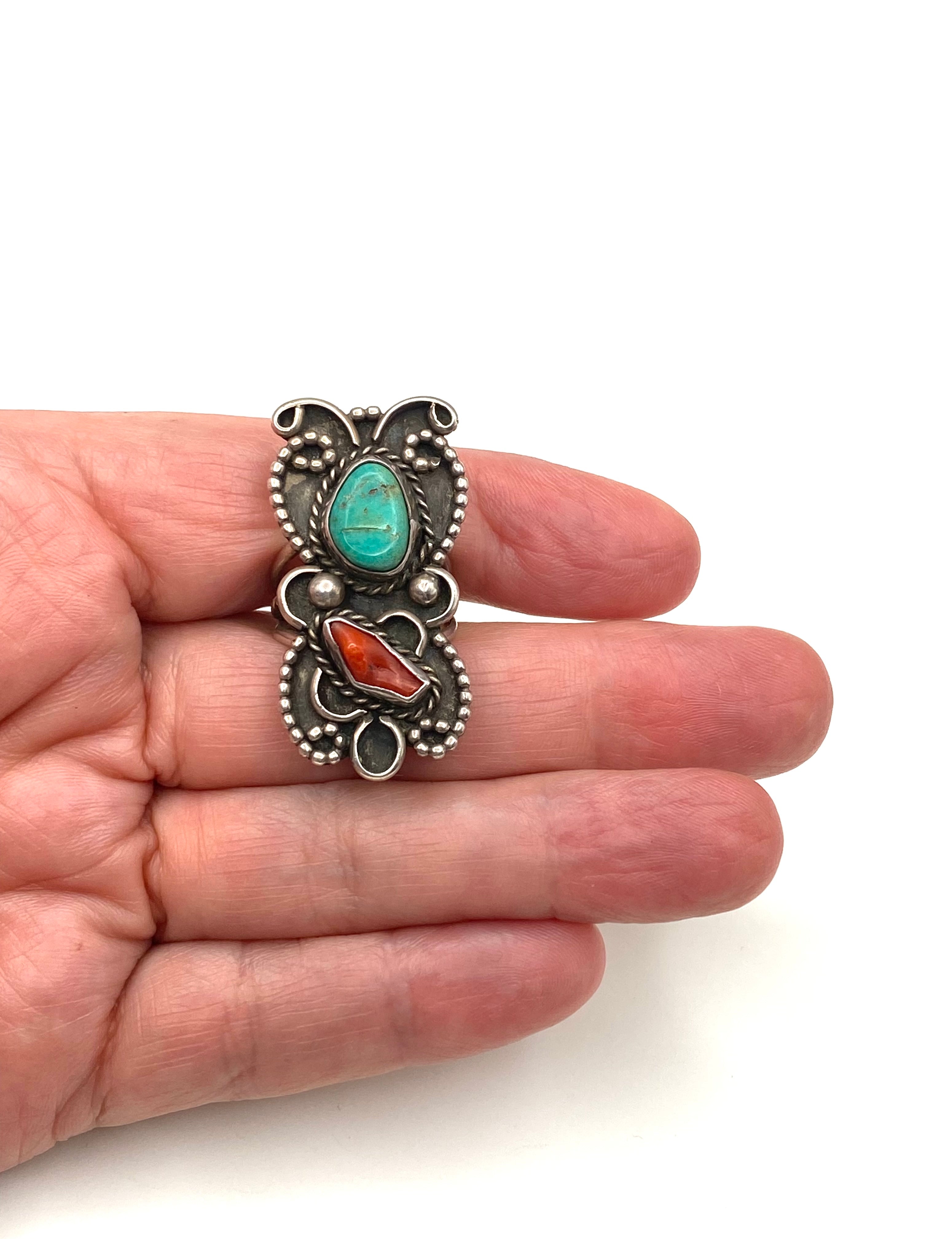 VTG Green Turquoise Coral Ring Silver Size 7.5 Triple Shank Native American