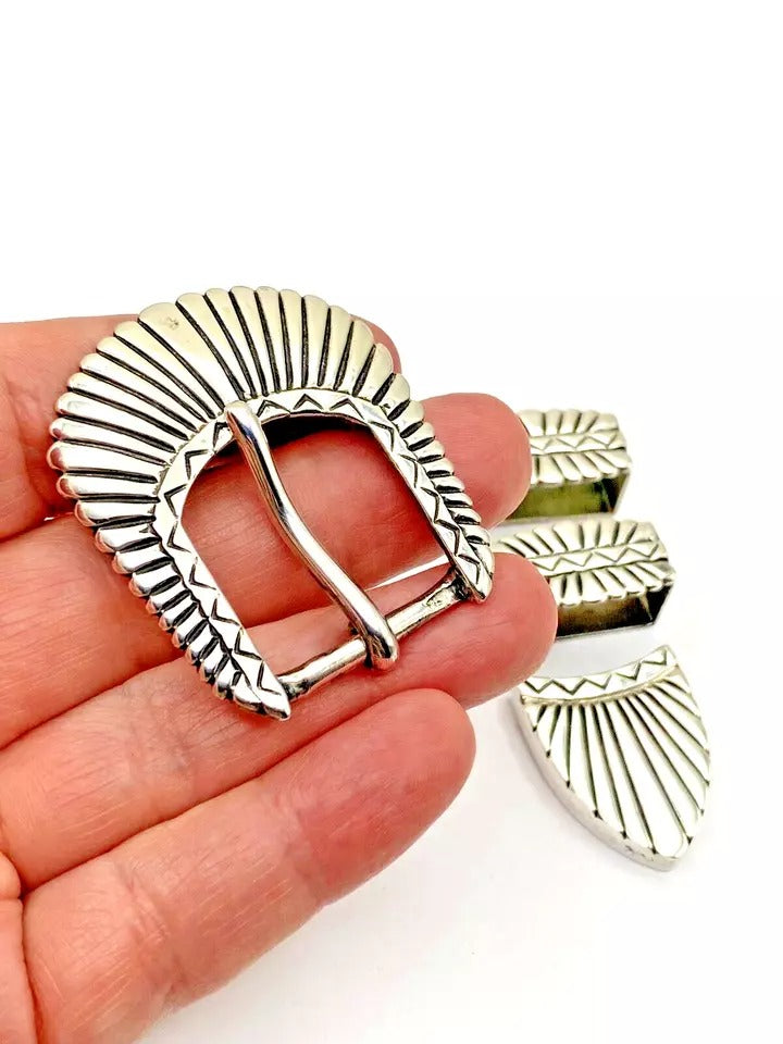Vintage 4-Piece Sterling Ranger Set Sunburst Stamp Work Southwestern R.D. Moore