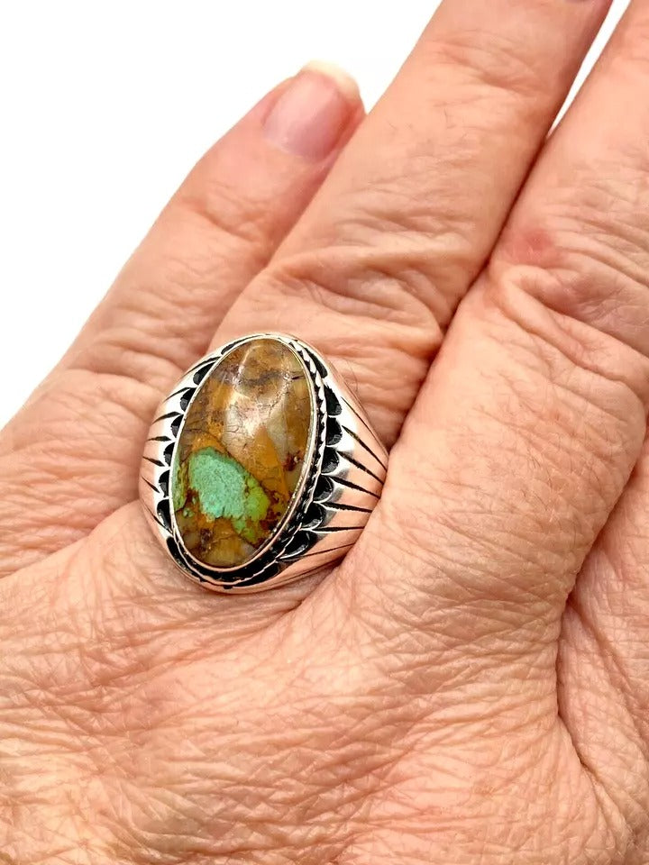 Boulder Ribbon Turquoise Ring Sterling Silver SZ 9.5 Native American Signed