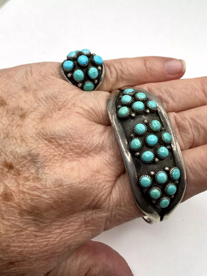 Vintage Zuni Sterling Silver Turquoise Dot Ring Bracelet Set SZ 7 C&L Mahooty