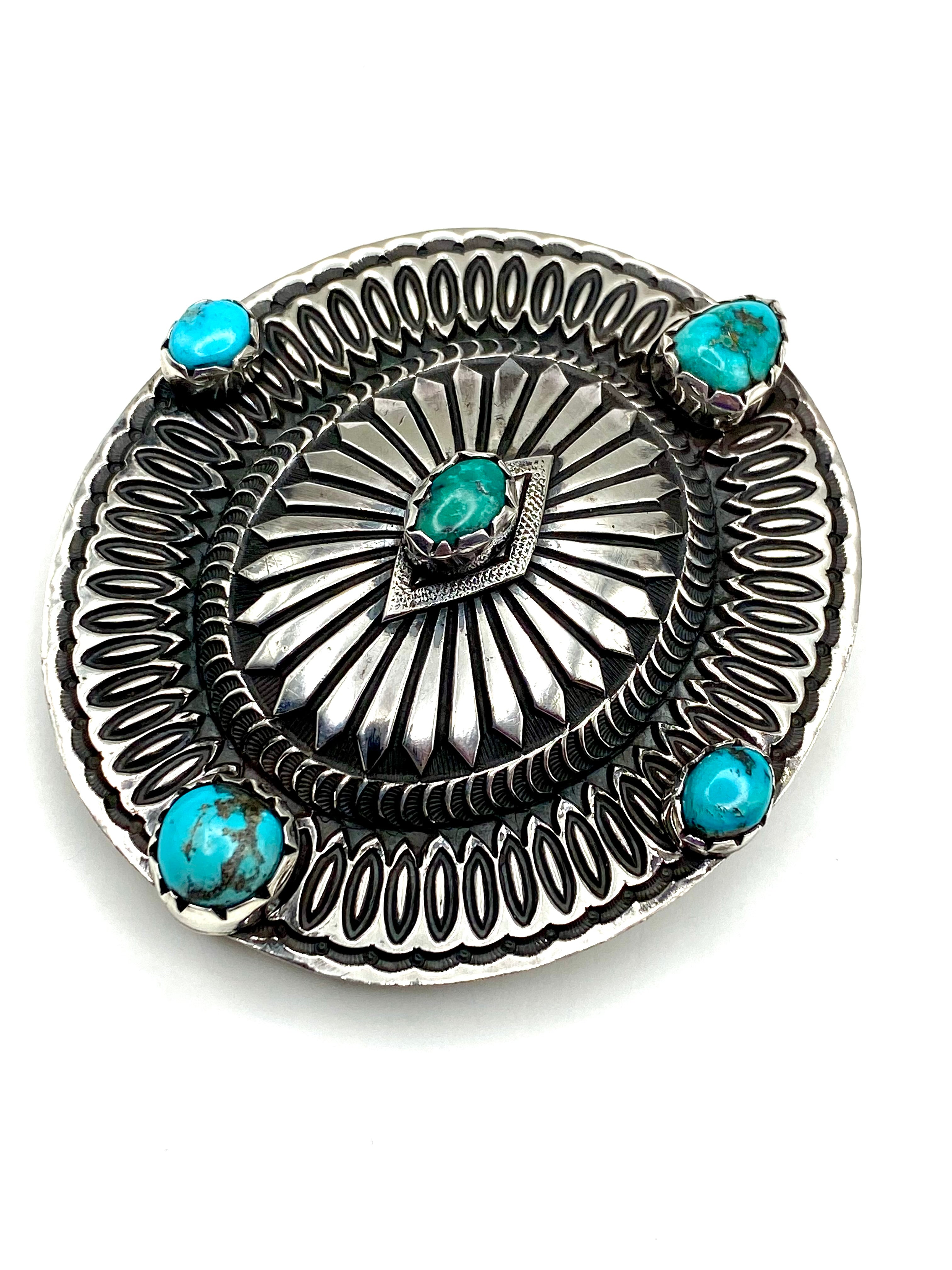 Heavy Gage Sterling Silver Oval Belt Buckle Turquoise Rick Martinez Navajo