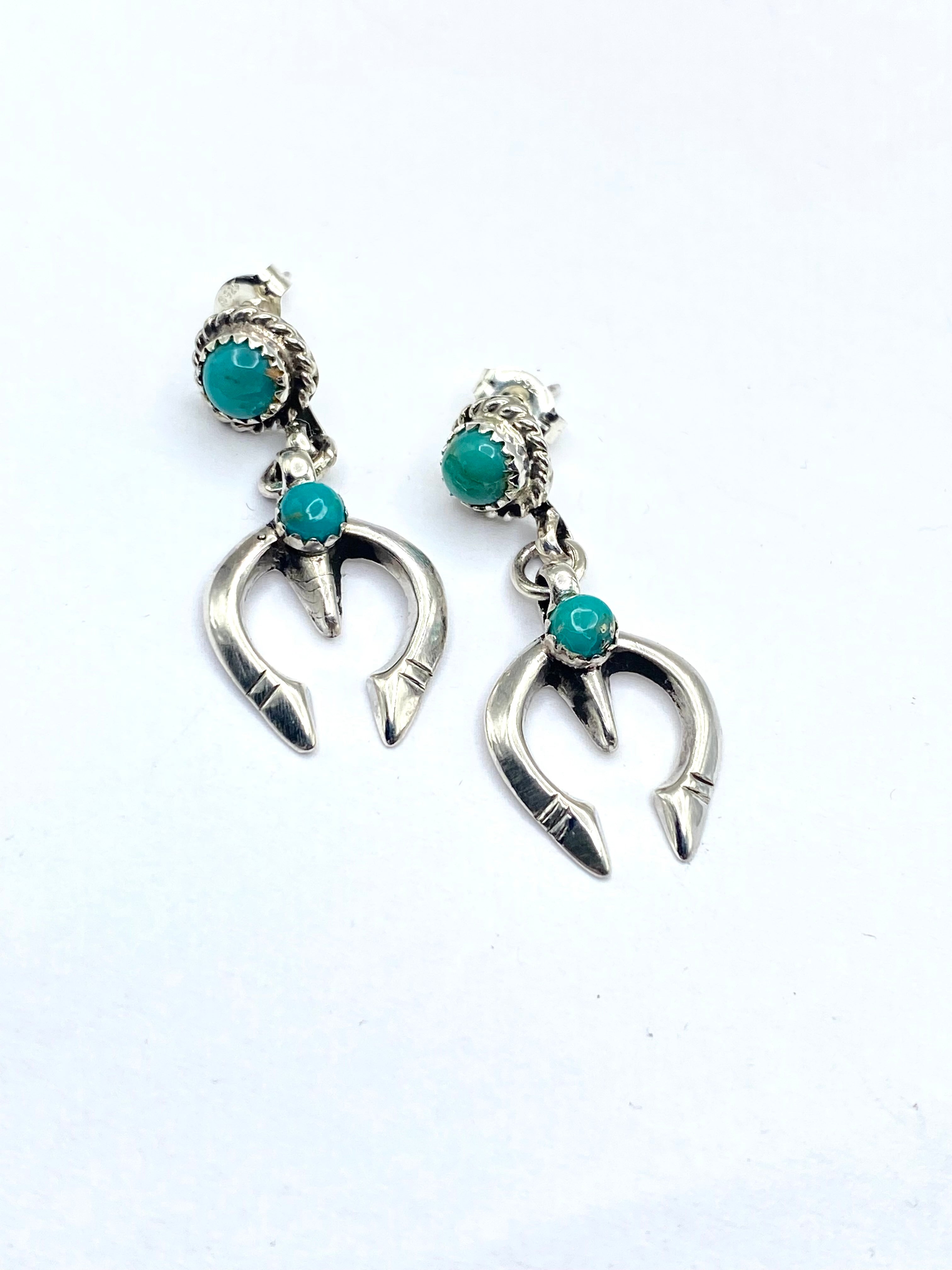 Petite Sterling Naja Dangle Earrings Green Turquoise Native American