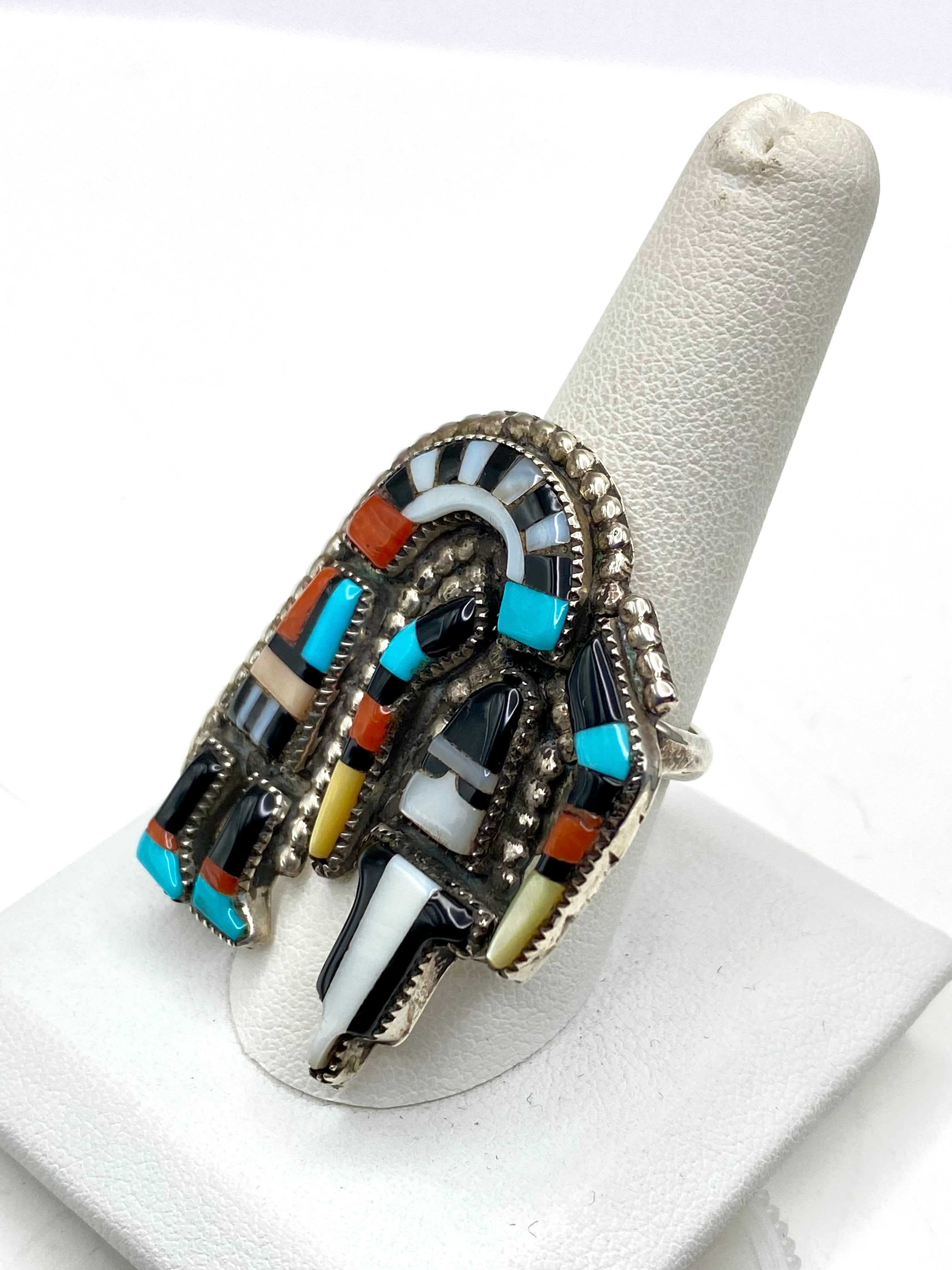VTG Zuni Multi Stone Inlay Rainbow Man Ring Size 9.5 Turquoise Coral Cellicion