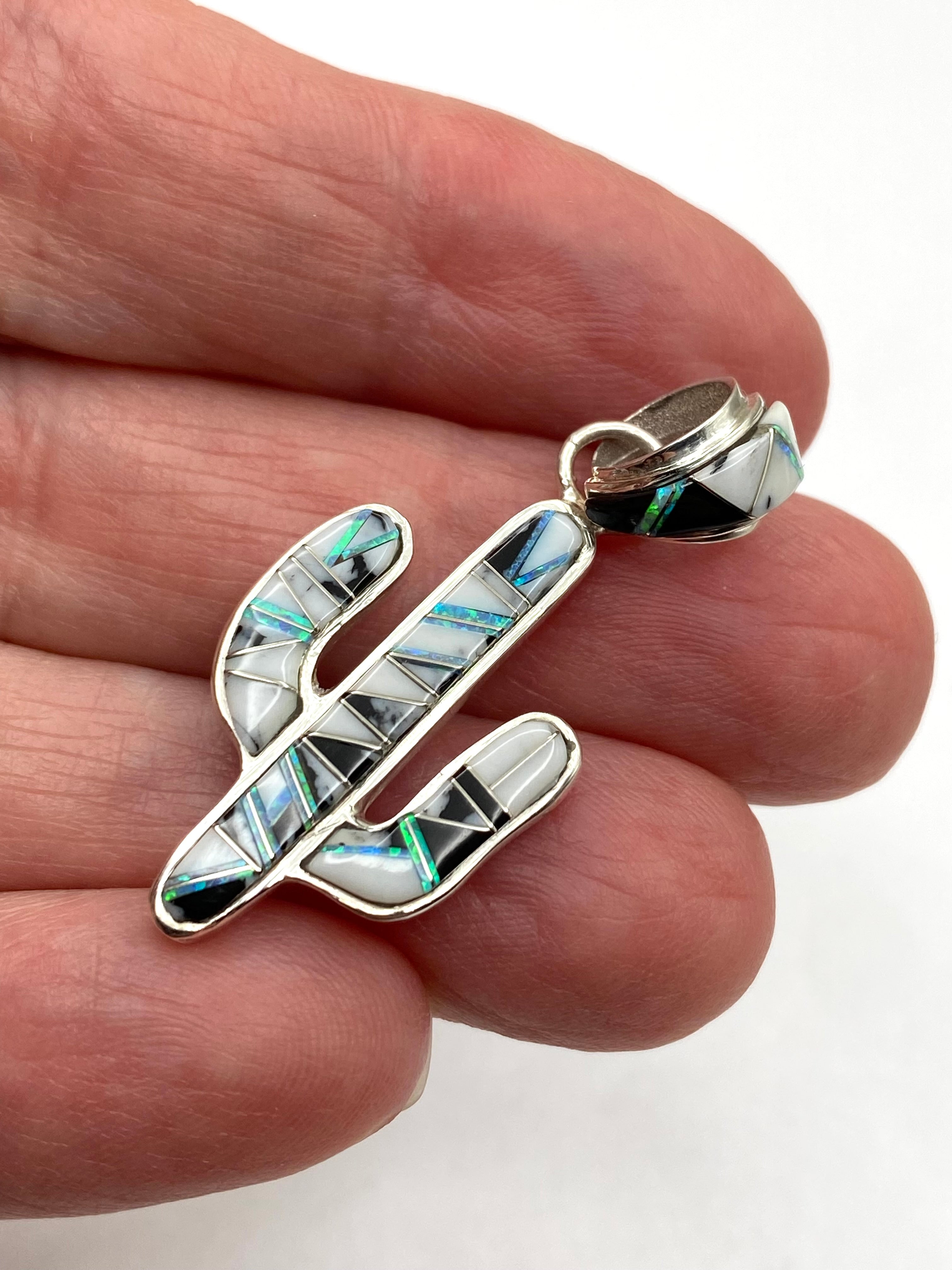 Petite Saguaro Pendant Sterling White Buffalo Opal Inlay Native American Signed