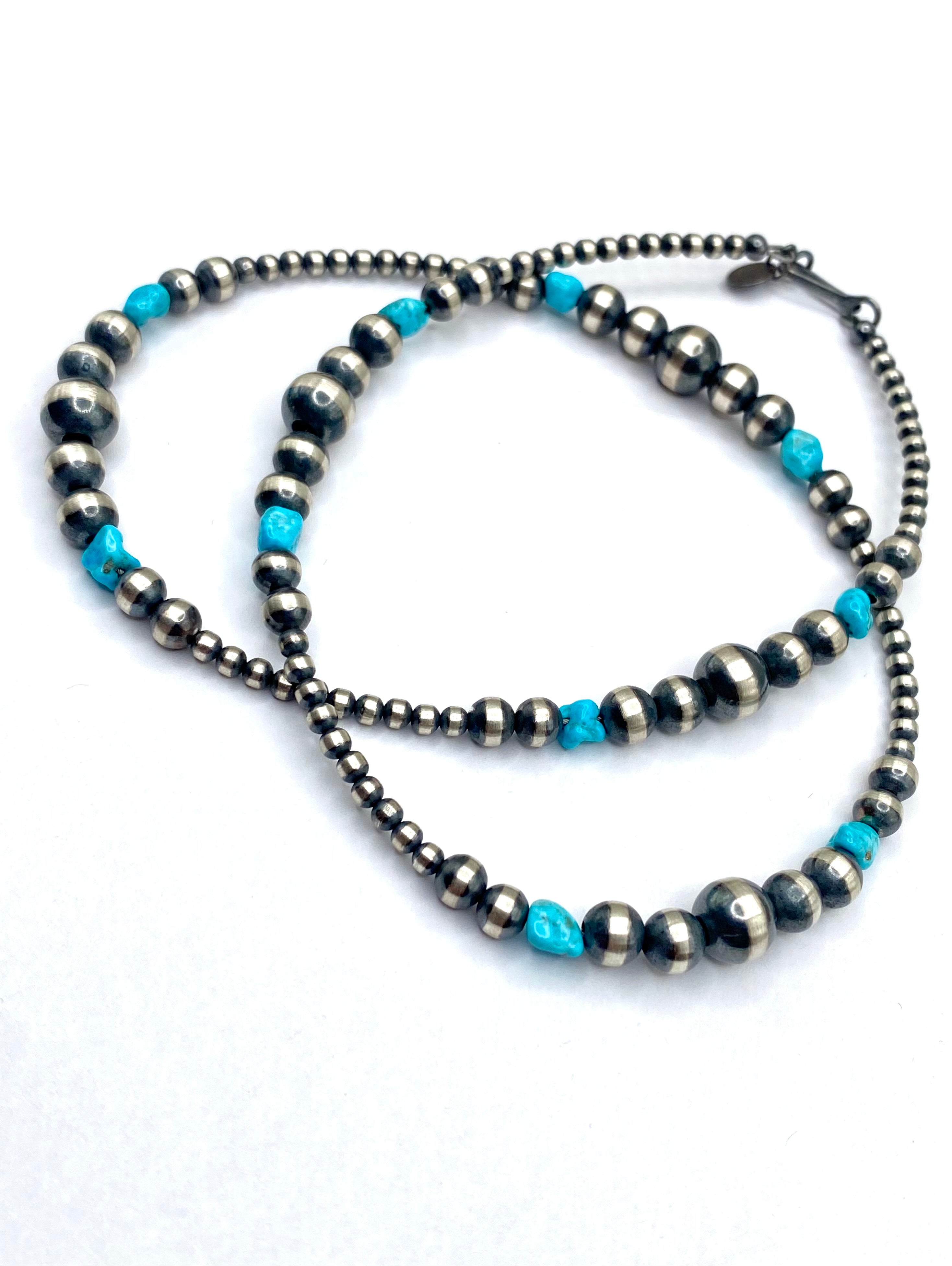 Graduated Sterling Bead Necklace Turquoise Nuggets 20" Native American New