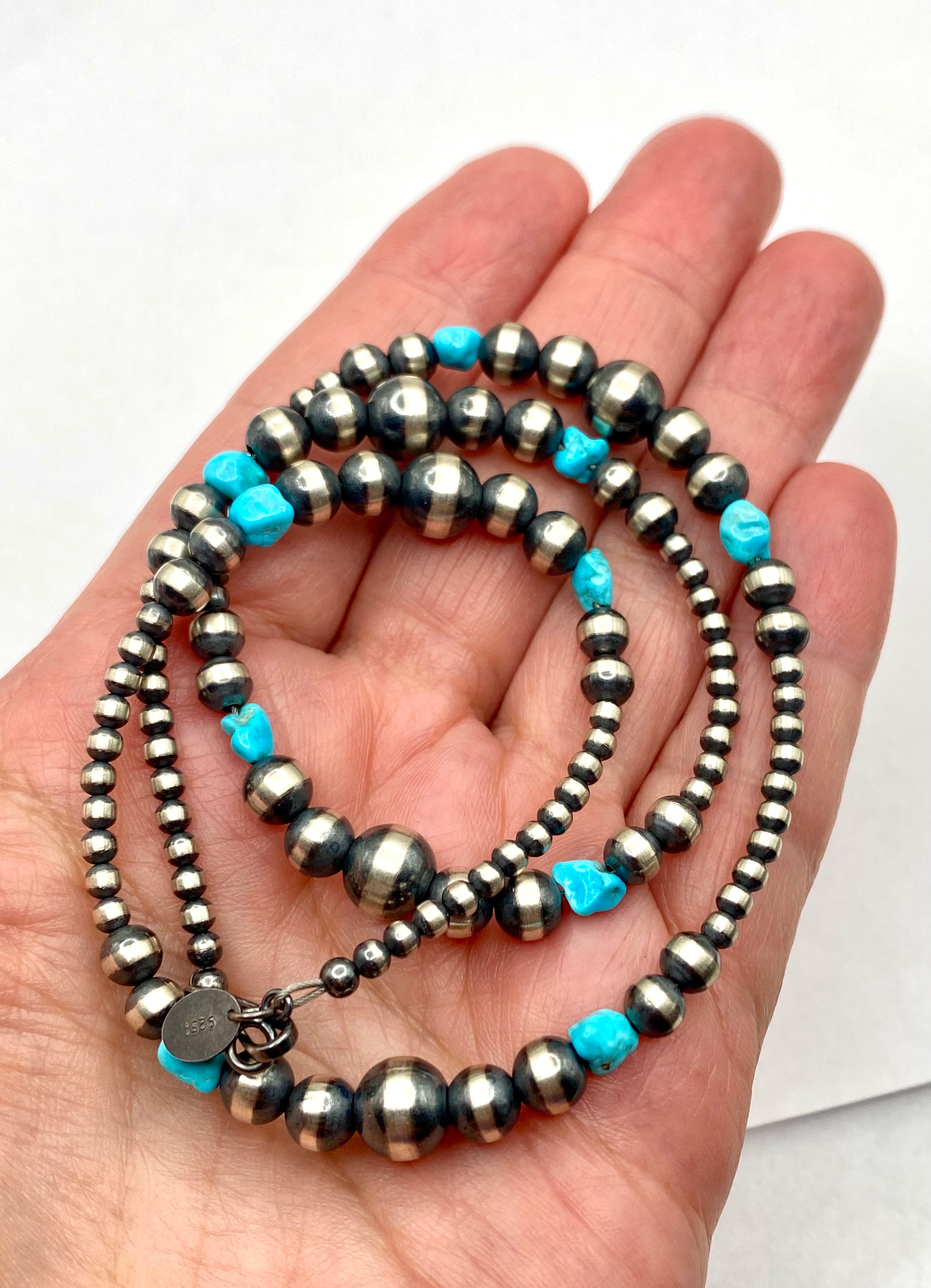 Graduated Sterling Bead Necklace Turquoise Nuggets 20" Native American New