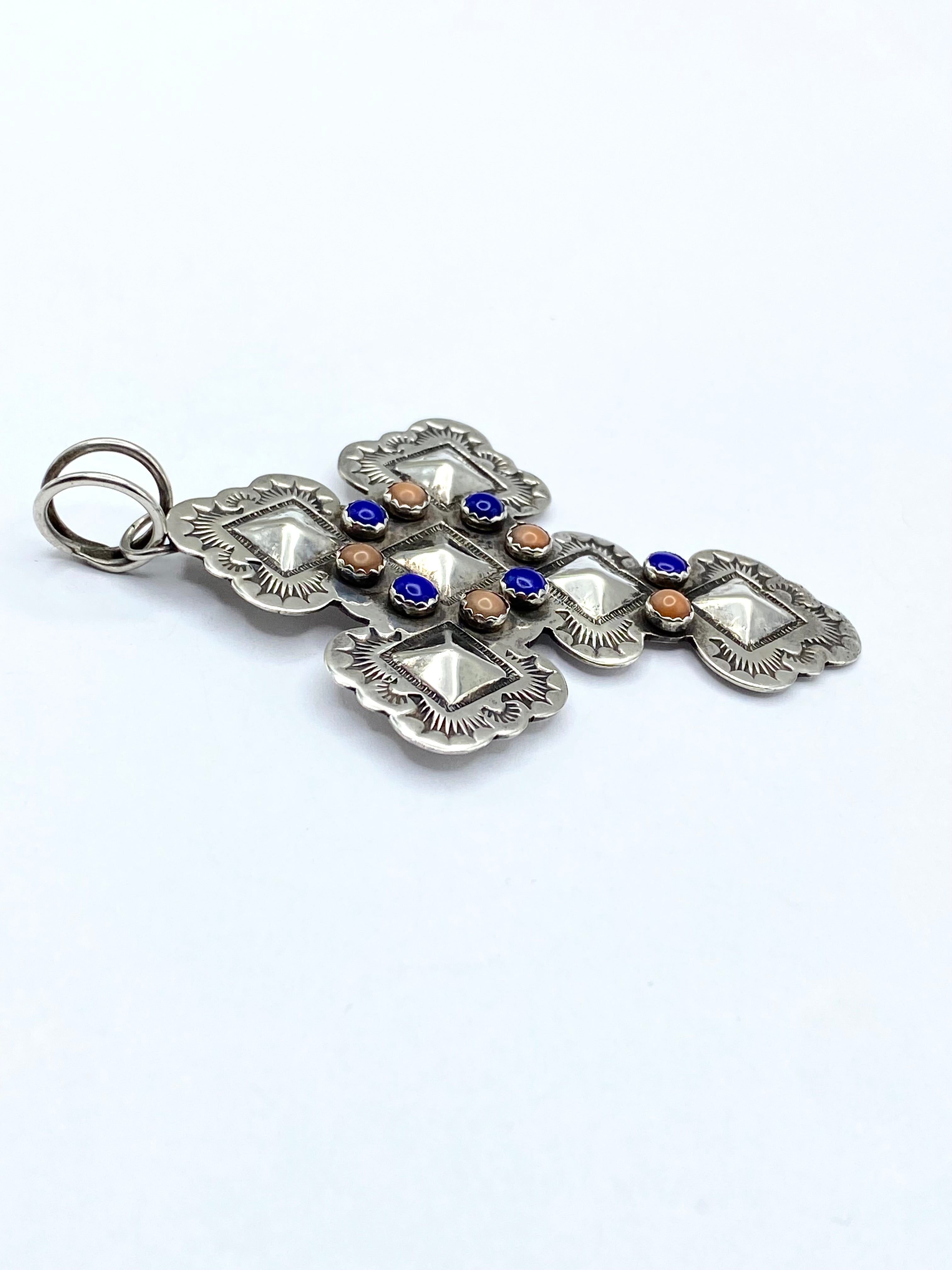 Scalloped Sterling Cross Pendant Lapis Pink Conch John Nelson Navajo