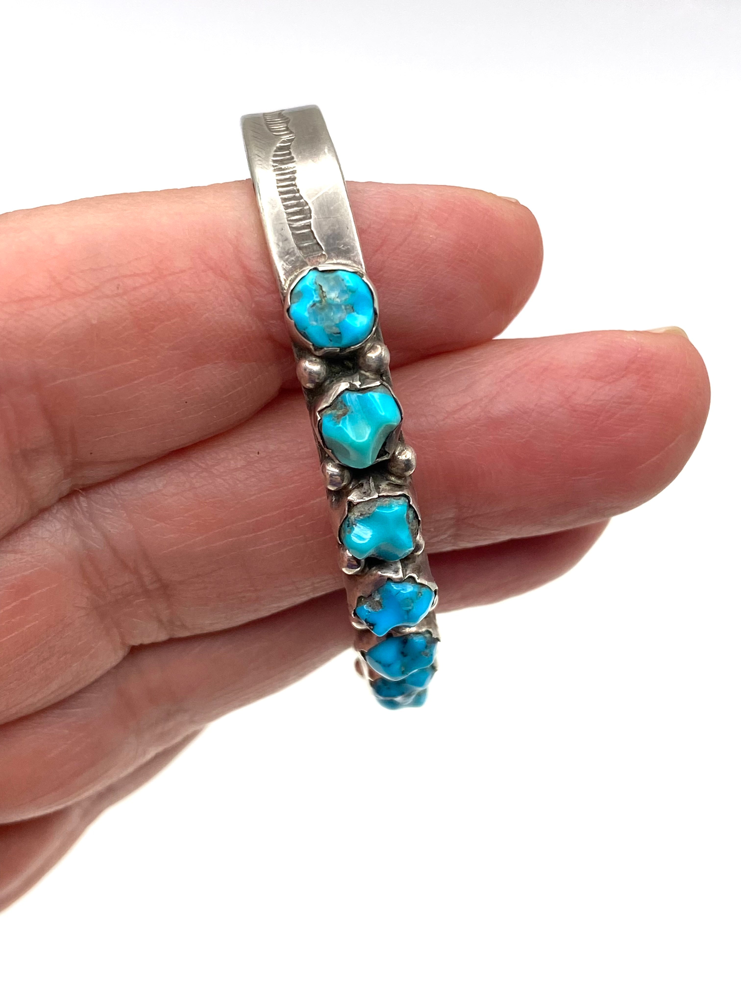 Vintage Sterling Narrow Cuff Bracelet Carved Turquoise Native American Signed