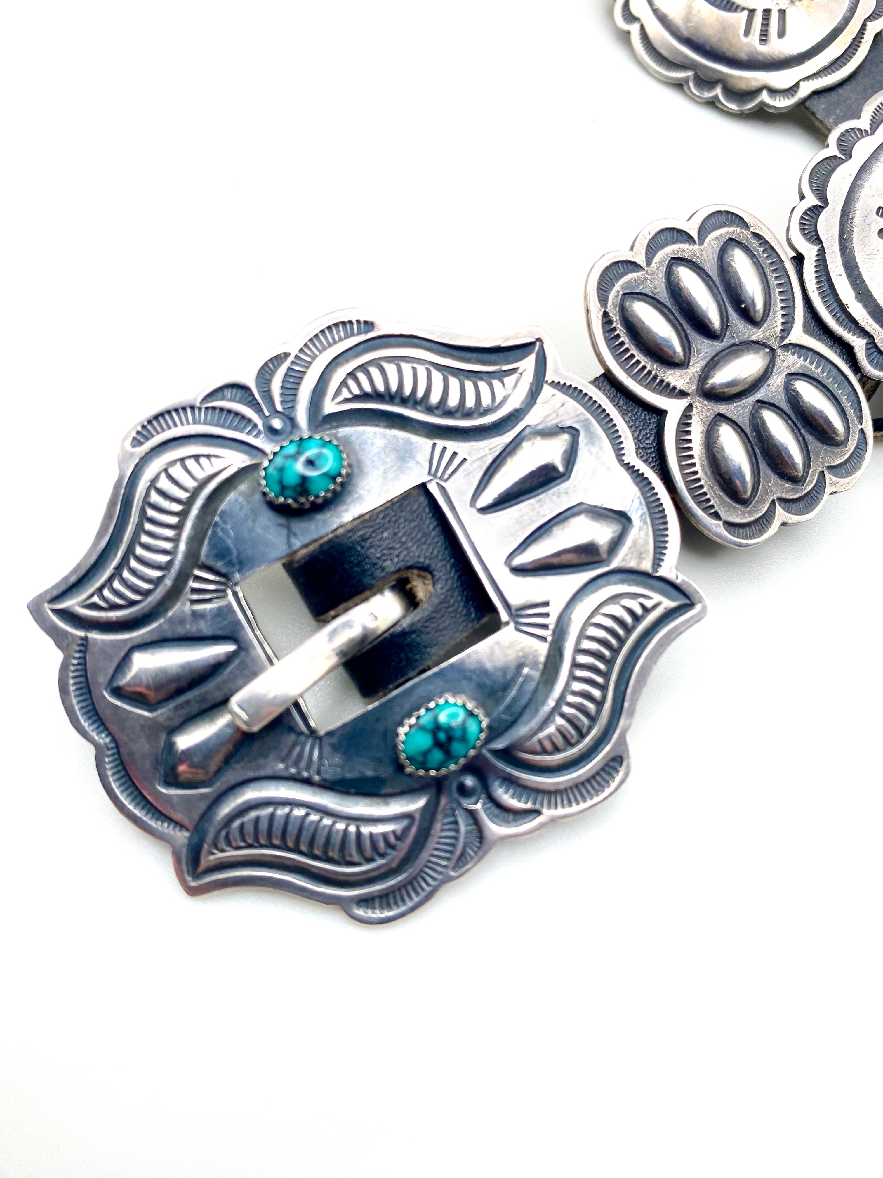 VTG Harry Morgan Concho Belt Sterling Spiderweb Turquoise Petite Navajo c. 1960s