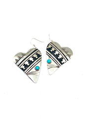 Sterling Overlay Heart Shaped Earrings Snake Eye Turquoise T&R Singer Navajo